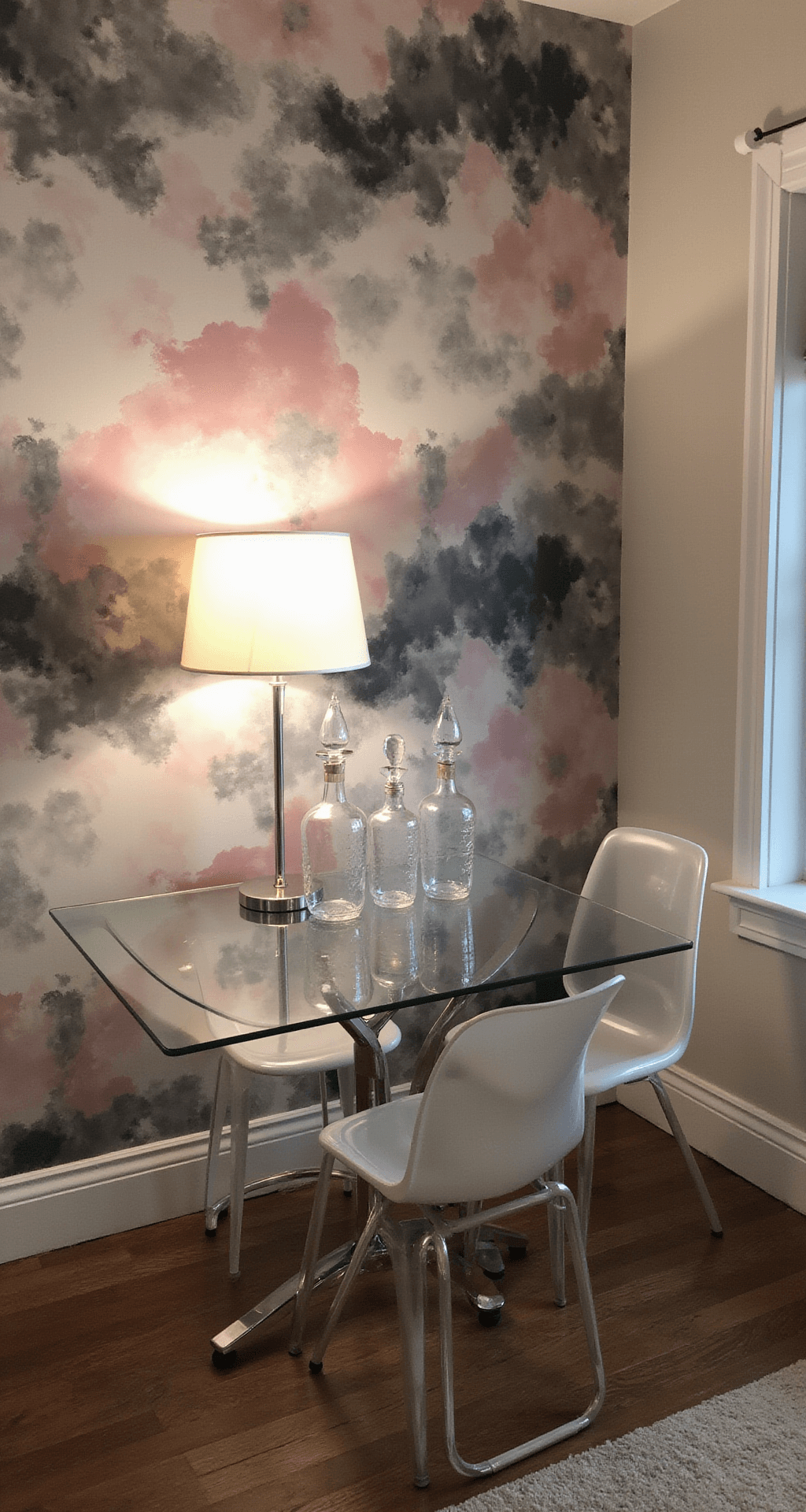 A cozy 8x10ft dining space featuring blush and gray abstract watercolor peel-and-stick wallpaper, a glass-topped tulip table surrounded by ghost chairs, and illuminated crystal decanters, all enhanced by dramatic evening lighting.