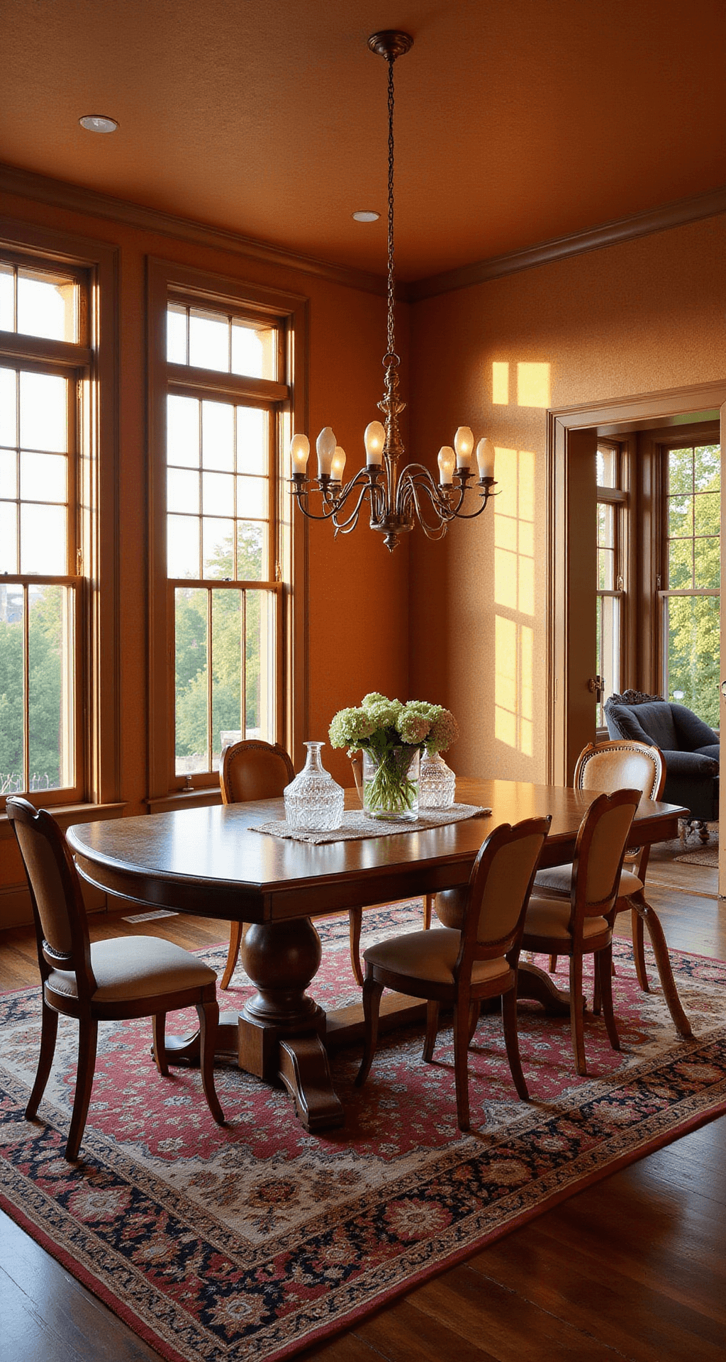 A spacious dining room featuring warm terracotta grasscloth wallpaper, a vintage walnut table on an antique Persian rug, and a brass chandelier, all illuminated by golden hour sunlight through tall west-facing windows, with crystal decanters and fresh hydrangeas on the table.