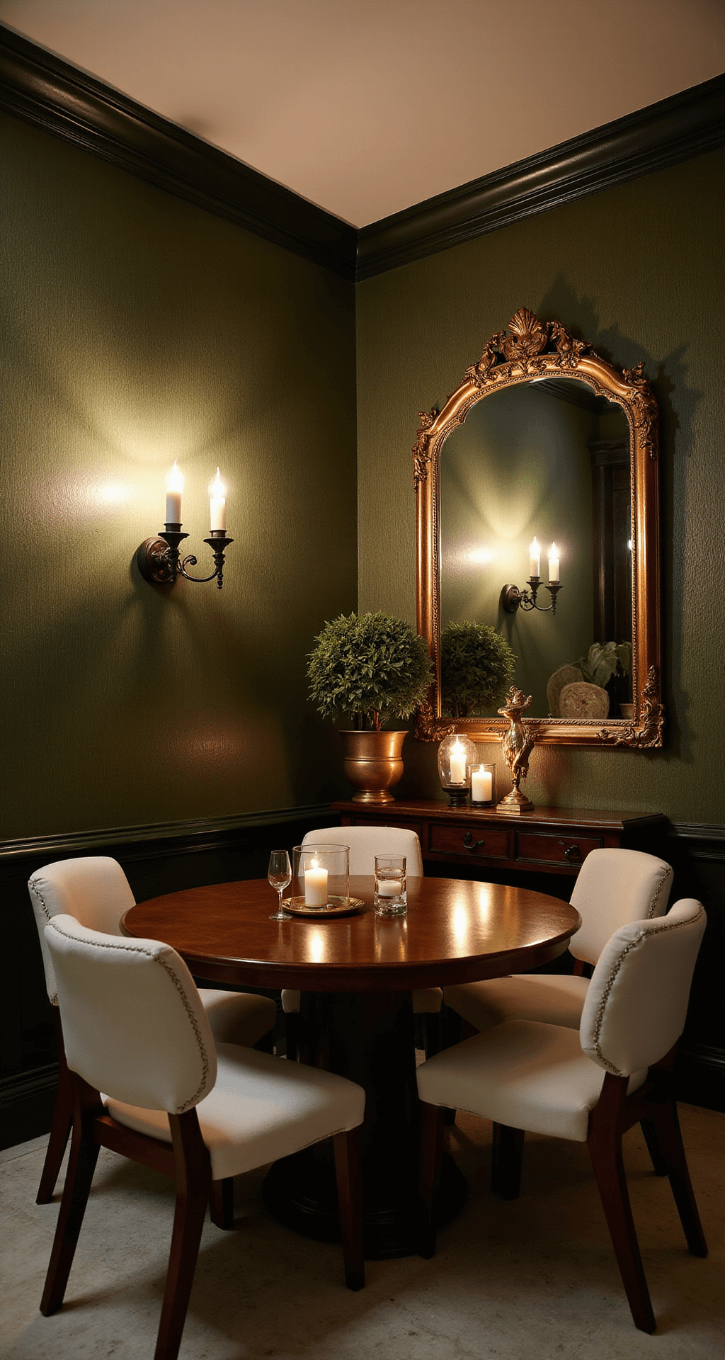 Intimate dining space with dark oak round table and cream chairs, featuring deep olive green walls, black iron sconces, and candlelight reflections in an oversized antique mirror.