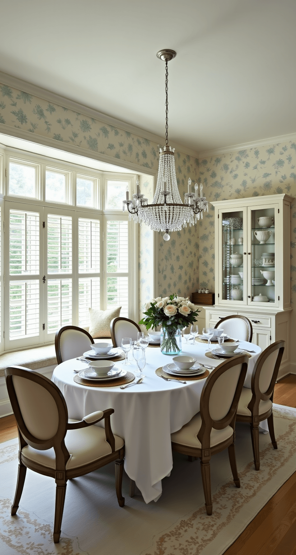 A bright and elegant formal dining room with floral wallpaper, a crystal chandelier above a French provincial table, and a layered table setting featuring fine linens and fresh garden roses, captured from an elevated angle.