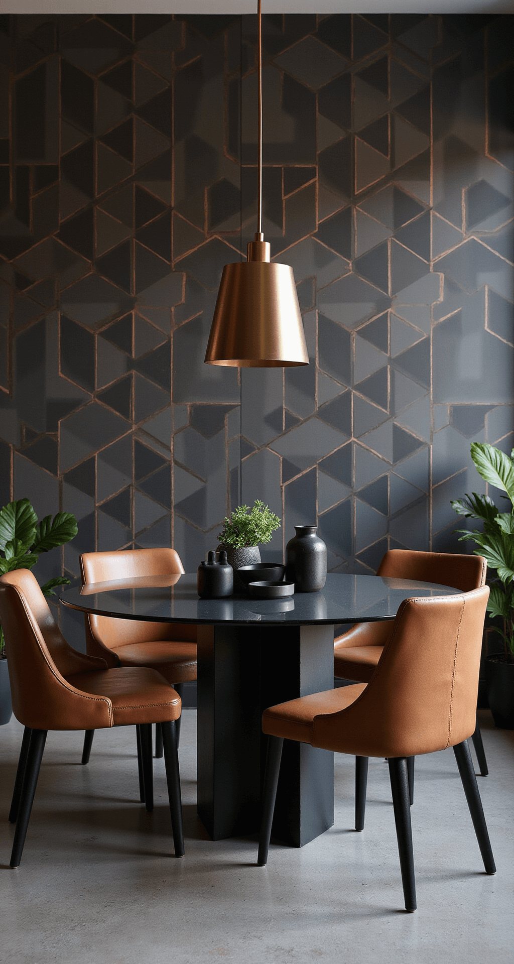 A modern 15x15ft dining space featuring geometric charcoal and copper wallpaper, a glass-top table with a matte black base surrounded by cognac leather chairs, and a brushed brass pendant light, all styled with black ceramics and architectural plants in a twilight setting.