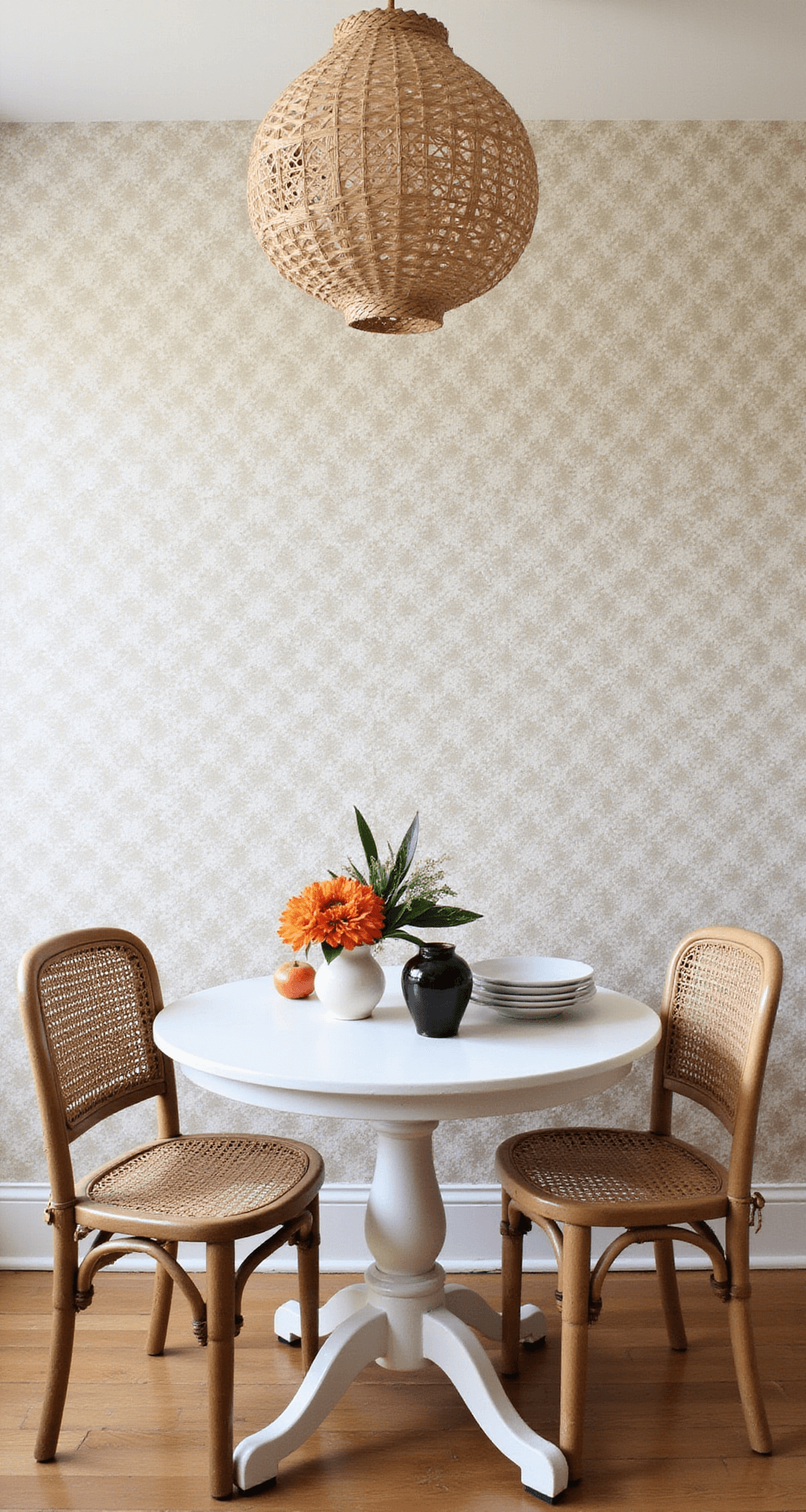 Cozy breakfast room featuring vintage beige and white block print wallpaper, a round white wooden bistro table surrounded by rattan chairs, and a woven pendant light, all illuminated by bright natural light and styled with pottery and fresh flowers.