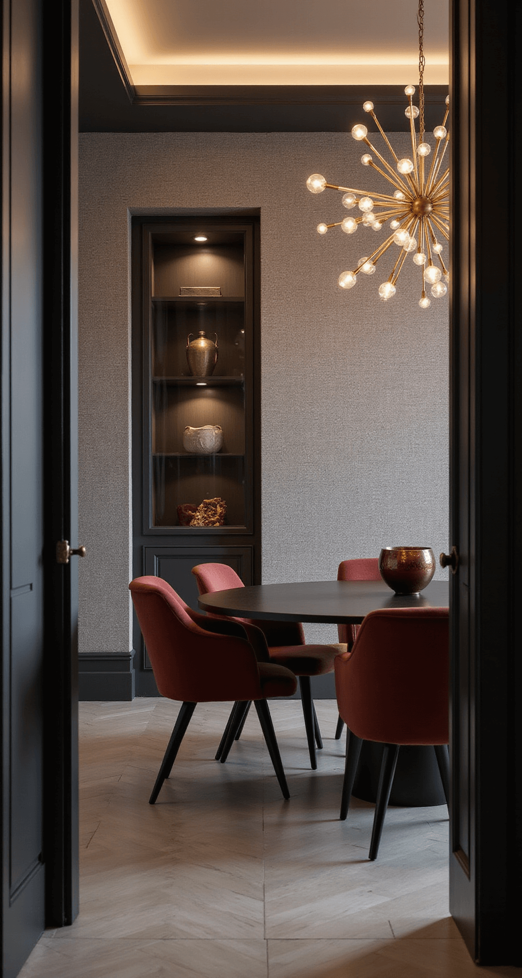 A contemporary dining area at night, featuring warm gray linen-effect wallpaper, a glass-front cabinet with lit displays, a modern oval table with jewel-toned velvet seating, and a dramatic sputnik chandelier, viewed from the doorway.