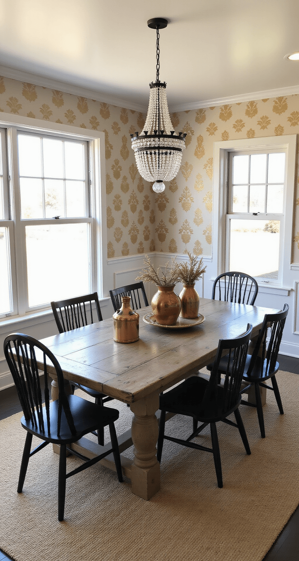A rustic-elegant dining space featuring embossed cream and gold damask wallpaper, a weathered oak farmhouse table on a sisal rug, and an iron and crystal chandelier, styled with vintage copper vessels and dried botanicals, all illuminated by warm afternoon light.