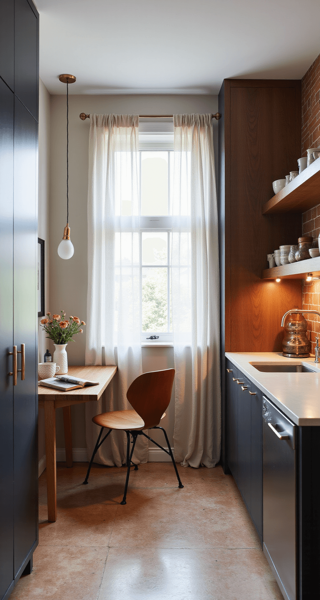 A bright kitchen workspace featuring sheer linen curtains, a vintage Eames chair at a walnut desk nook, a geometric terracotta backsplash, sleek charcoal cabinetry, and curated pottery on floating shelves, all illuminated by warm brass task lighting.