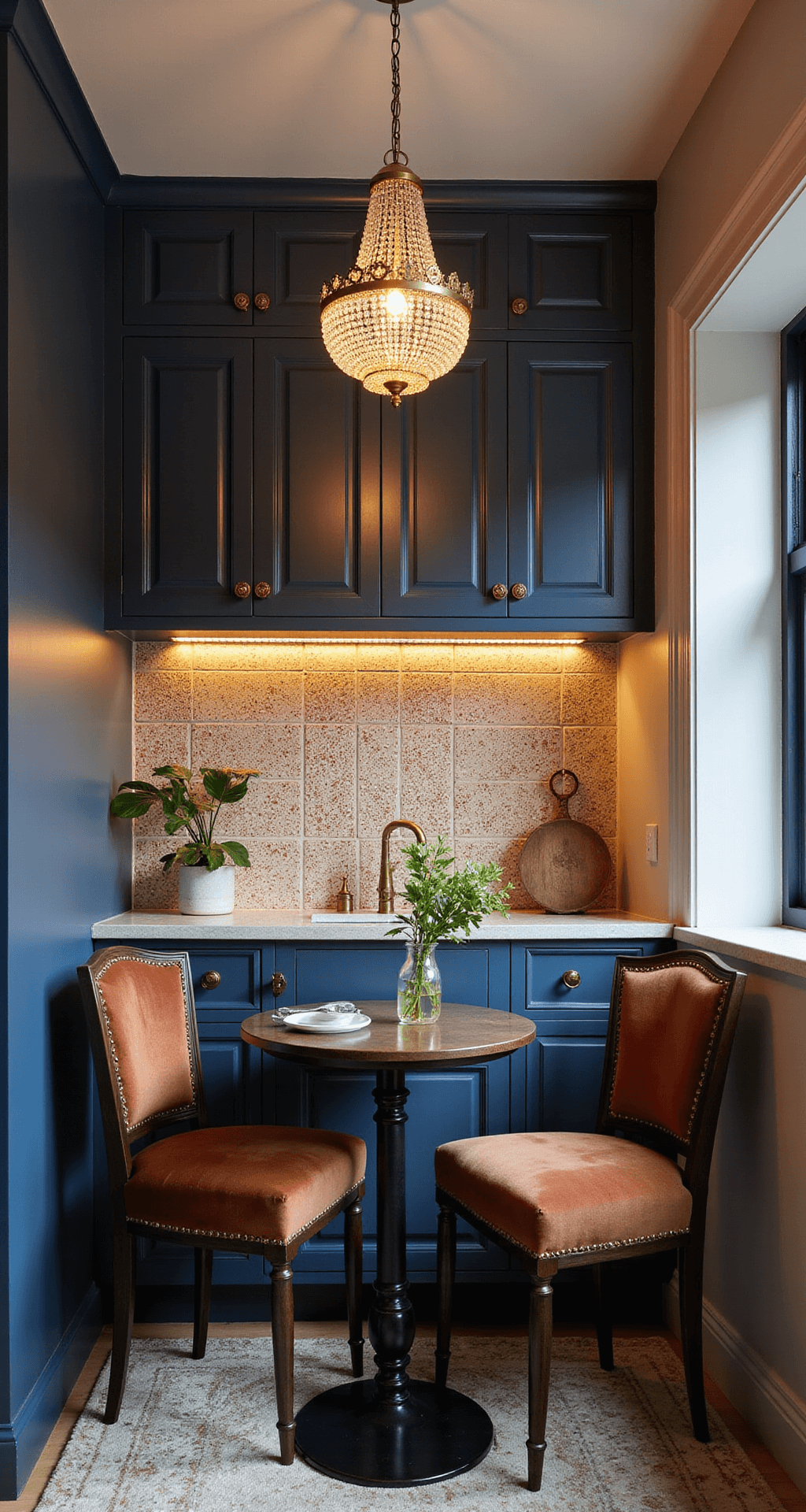 Intimate kitchen featuring floor-to-ceiling navy cabinetry with antiqued brass hardware, a cream and rust Moroccan tile accent wall, a vintage crystal chandelier, and a small bistro table with velvet chairs, captured straight-on in warm mood lighting.