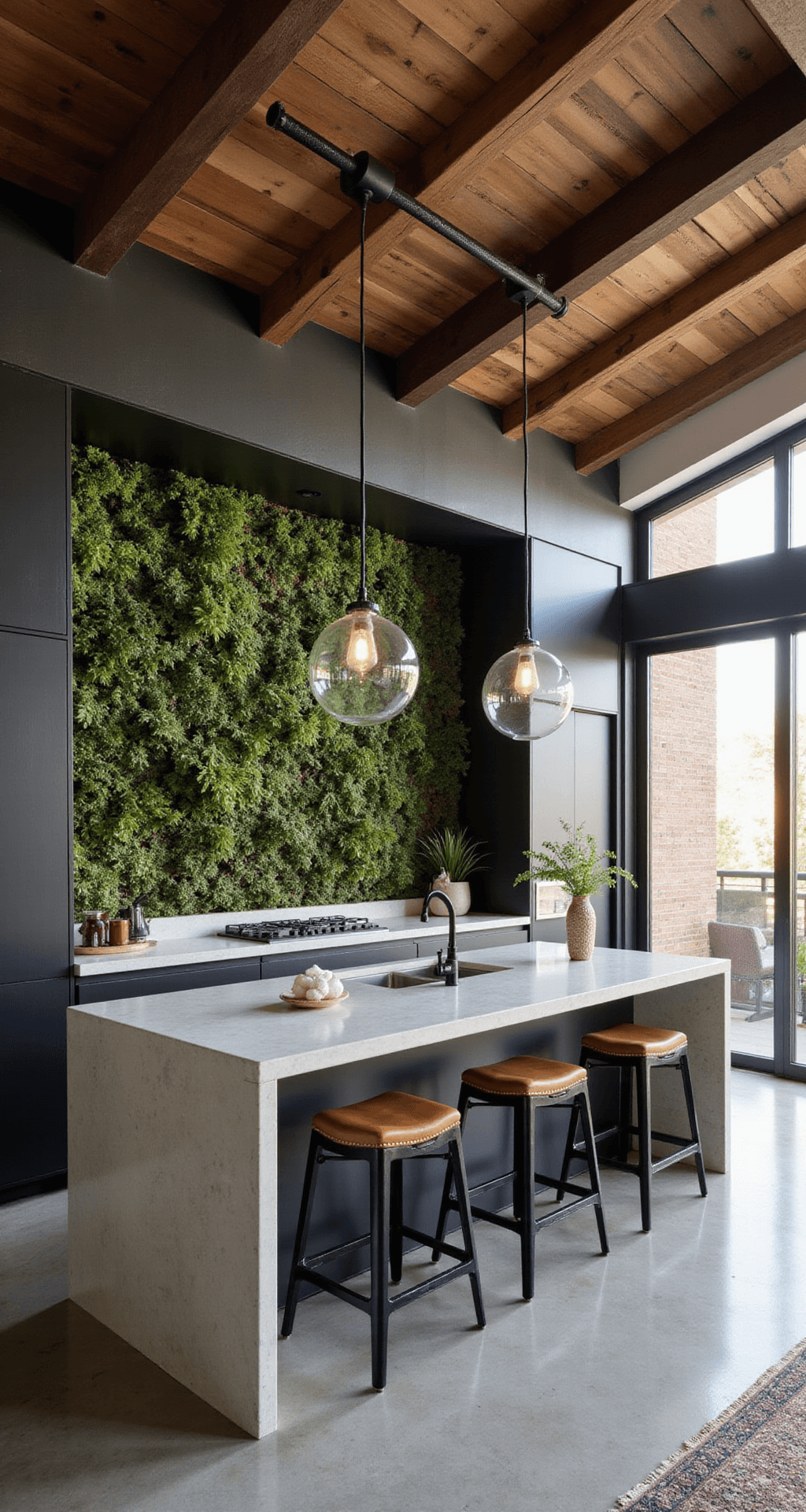 A spacious open concept kitchen featuring blackened steel upper cabinets and raw concrete lower units, complemented by a living wall of ferns and moss. Oversized glass pendant lights illuminate the space, while leather barstools and woven textiles provide warmth. The shot captures the kitchen's full spatial flow from the entrance, with dramatic directional lighting accentuating the design.