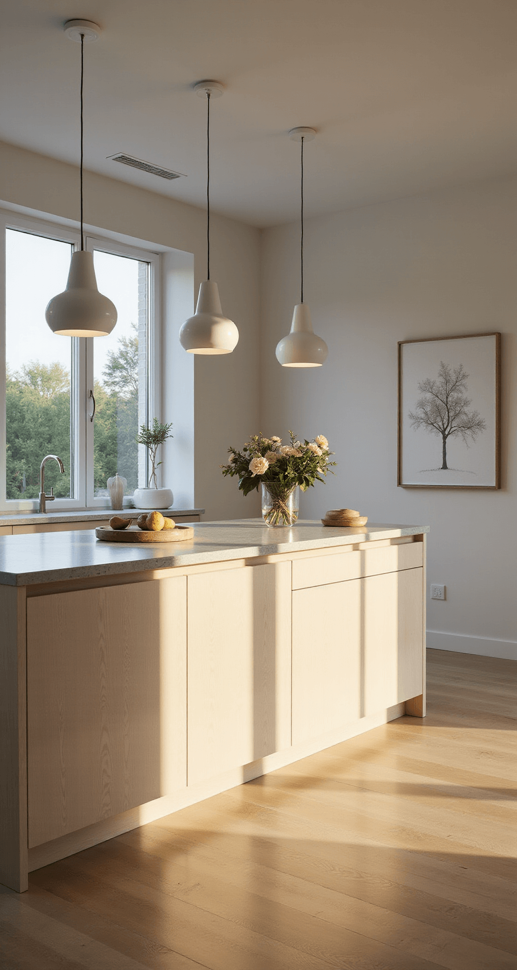 A Scandinavian minimalism kitchen featuring pale baltic birch cabinetry, white oak flooring, and sculptural ceramic pendant lights above a limestone island, beautifully captured at golden hour with clean lines and dramatic shadow play.