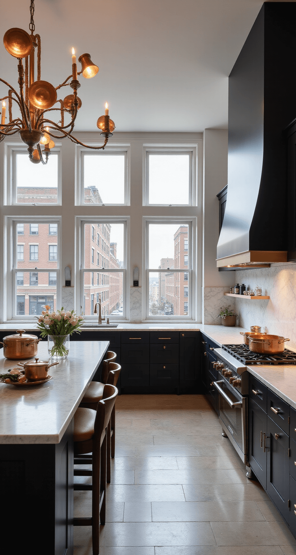 An elegant 18x22ft kitchen featuring double-height windows with city views, matte black cabinetry, a white marble backsplash, and a collection of vintage copper cookware displayed artistically. The elevated shot highlights the spatial grandeur and a statement chandelier providing dramatic lighting.