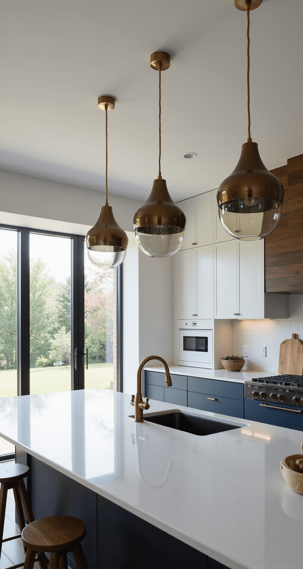 A modern kitchen with floor-to-ceiling windows, featuring a 12-foot island, oversized brass and smoked glass pendant lights, white quartz countertops, matte navy cabinets, and walnut accents, captured in warm morning light with visible reflections and a layered depth of field.
