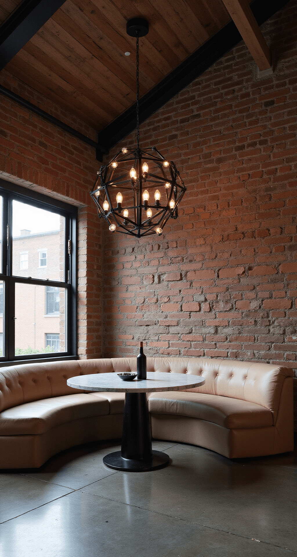 Twilight view of an industrial-chic kitchen featuring exposed brick walls and a striking black geometric LED chandelier above a circular marble dining nook, with polished concrete floors reflecting soft ambient lighting and copper accents adding warmth.