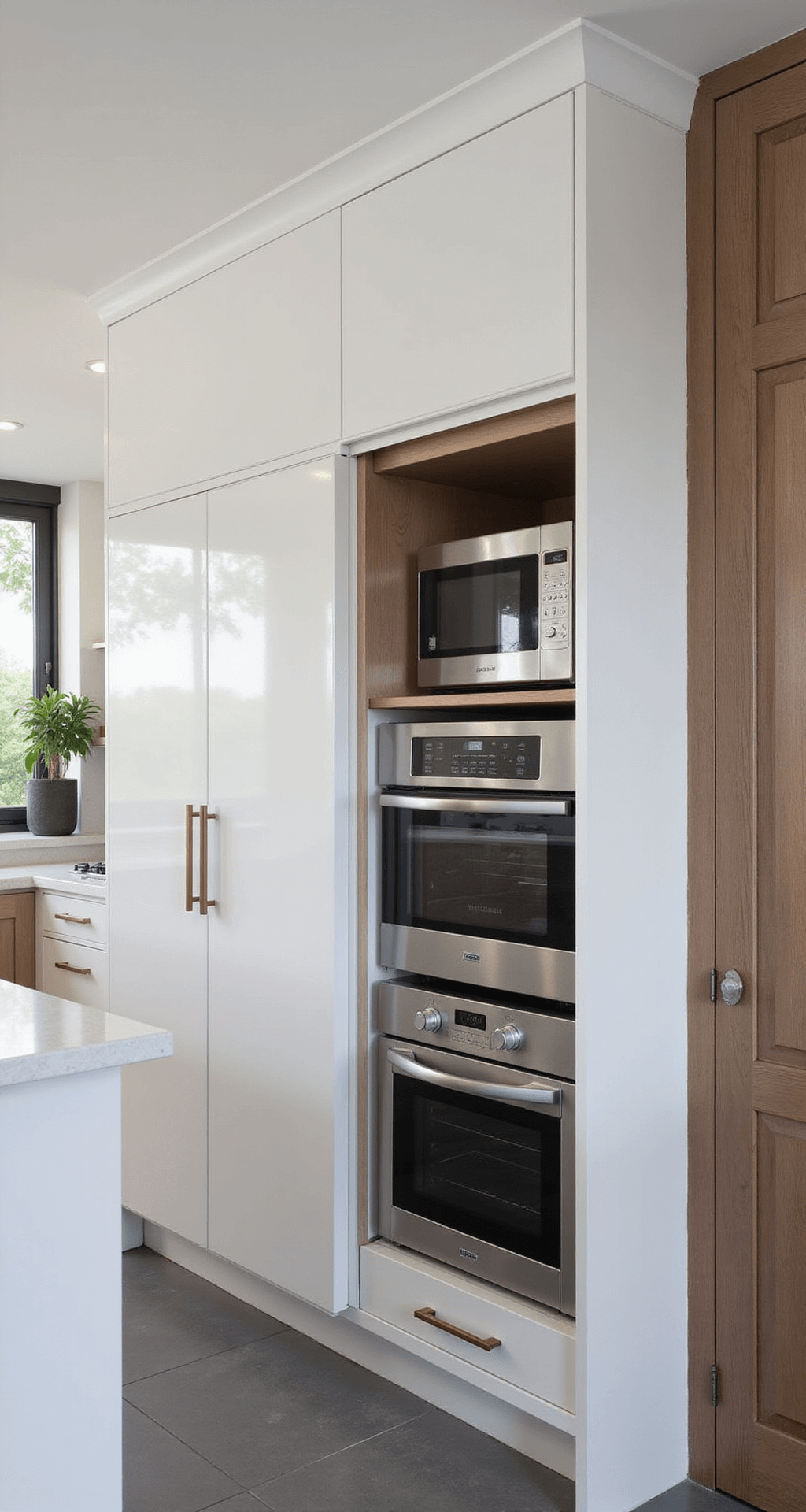 Modern kitchen interior with floor-to-ceiling windows, featuring glossy white cabinetry, a quartz waterfall island in pearl white, and brushed steel handles, accentuated by soft ambient lighting and copper accents.