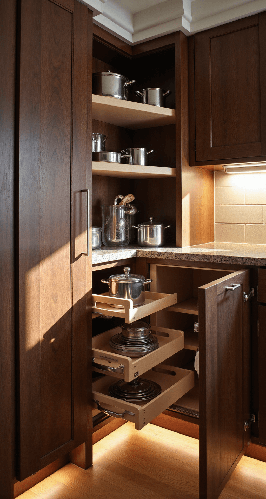 Detailed view of a corner kitchen showcasing an innovative pull-out shelving system in dark wood finish, with chrome hardware contrasting against custom walnut cabinetry. The low-angle shot reveals organized cookware in multiple levels of pull-out storage, enhanced by warm LED under-cabinet lighting and dramatic late afternoon shadows.