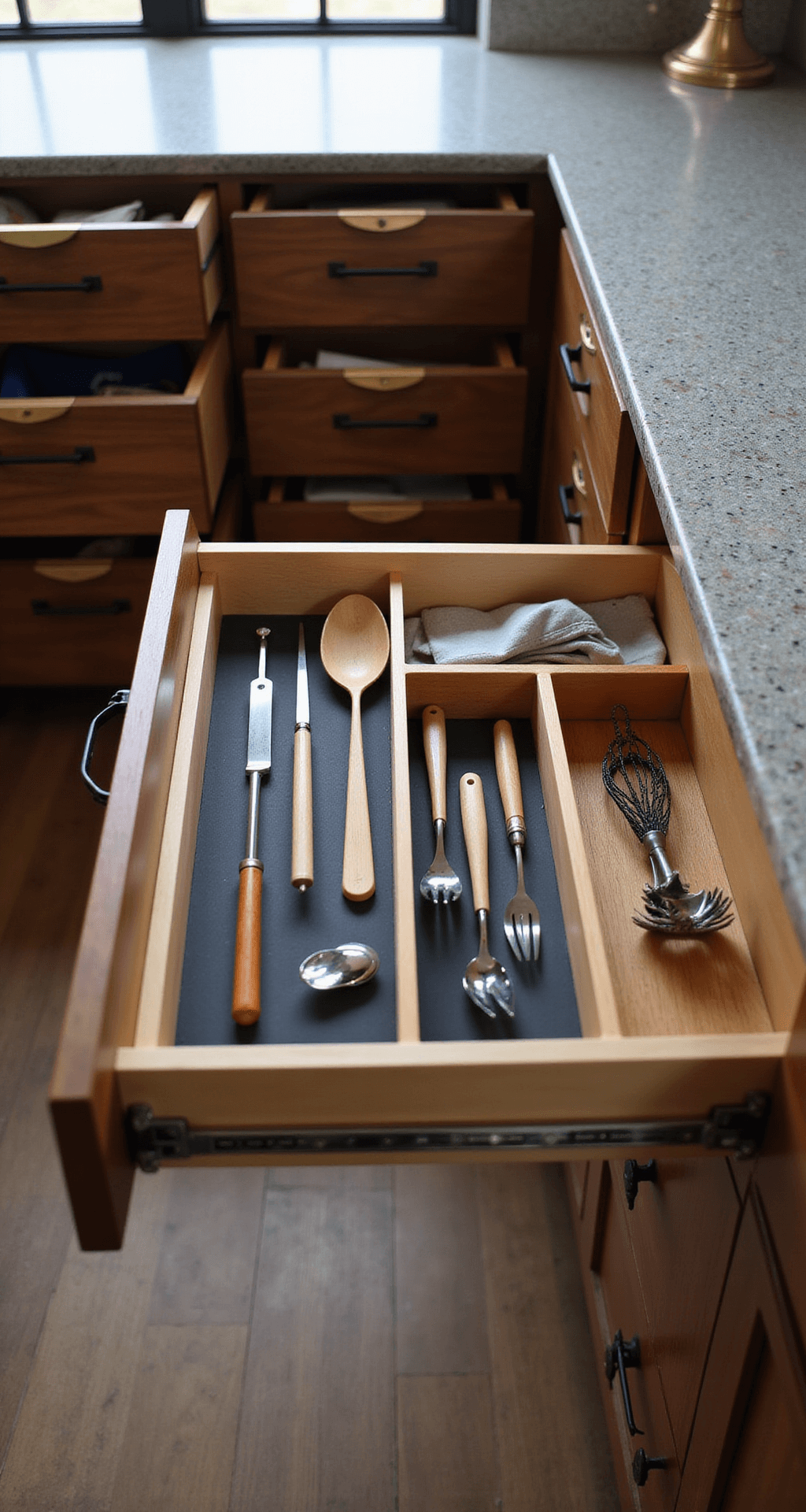 Overhead view of a neatly organized kitchen drawer featuring custom maple dividers against a charcoal interior, displaying artfully arranged copper and stainless steel utensils, illuminated by natural daylight with soft focus on adjacent drawers, in a walnut and steel color palette accented with brass.