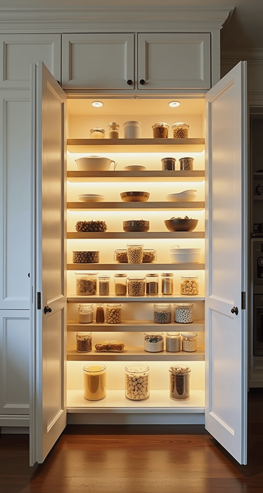 A floor-to-ceiling pantry wall, 8ft wide, features matte white cabinet fronts with a hidden touch-latch system and integrated LED lighting. Shot straight-on, it highlights the height and illuminated interior showcasing organized shelving in graduated depths. The scene is bathed in golden hour lighting, blending crisp whites and warm woods with glass elements, revealing multiple layers of storage.