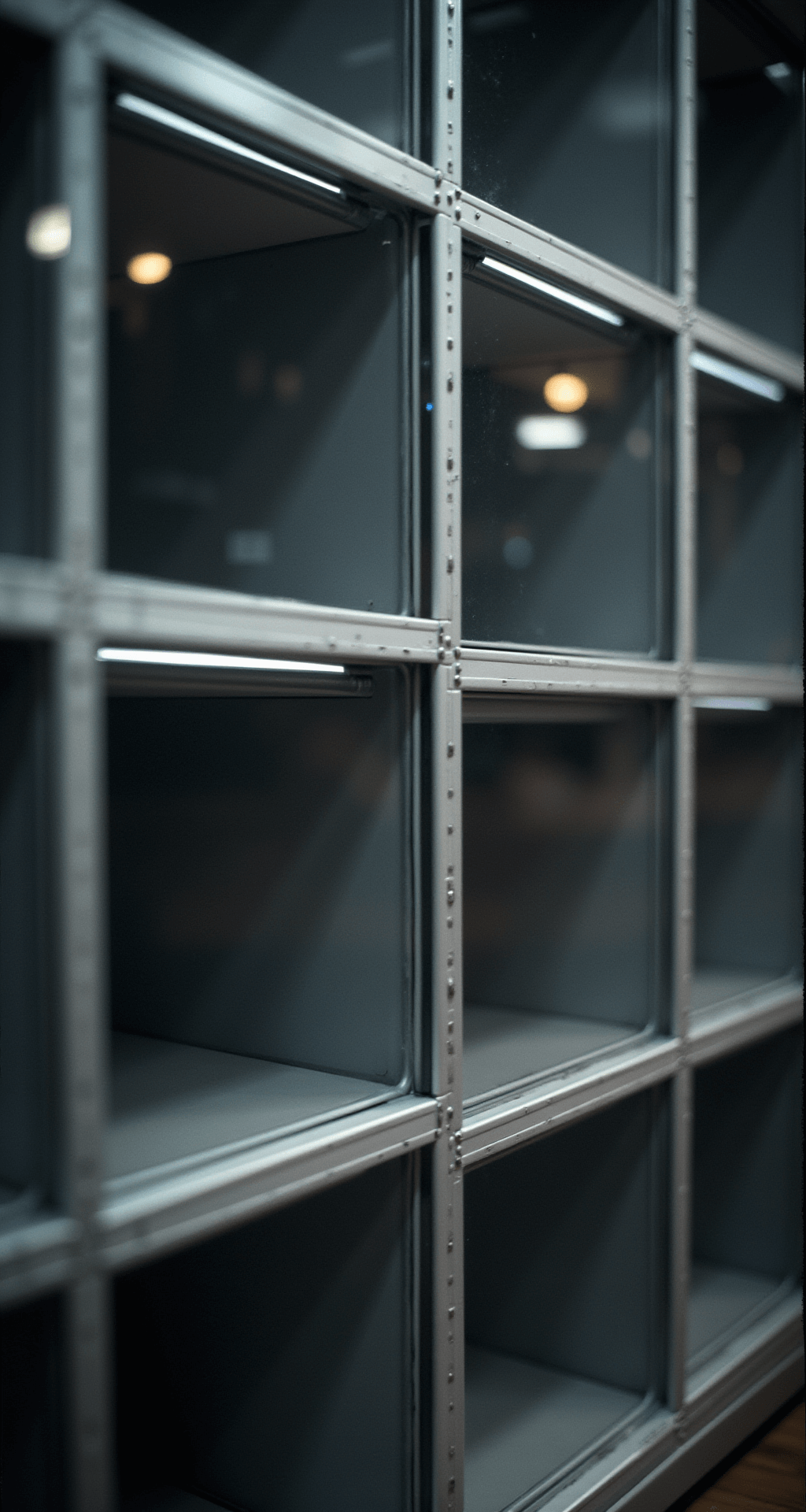 Close-up of a motorized shelving unit in motion, featuring smoky glass fronts and aluminum framing. Internal lighting casts dramatic shadows, with a 45-degree angle view showcasing the mechanism. The industrial modern design includes chrome and dark grey finishes, complemented by ambient evening lighting and targeted spots.