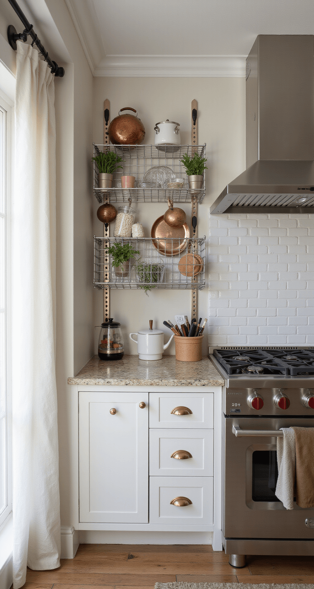Wide-angle view of a modern kitchen featuring vertical storage with brushed nickel rails and grids, showcasing hanging copper cookware and herbs, illuminated by diffused afternoon light through sheer curtains, with leading lines directing the eye upwards against a backdrop of professional-grade stainless steel and warm white walls.