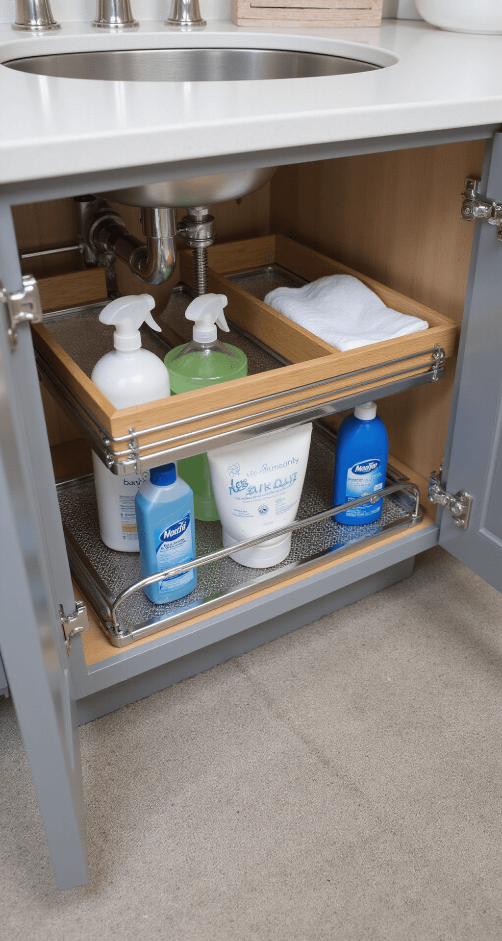 Close-up of an organized under-sink system featuring pull-out chrome racks with mesh bottoms, illuminated by cool LED strips. Water-resistant bamboo dividers separate cleaning supplies, showcasing clean lines and a blend of grey, silver, and natural wood tones.