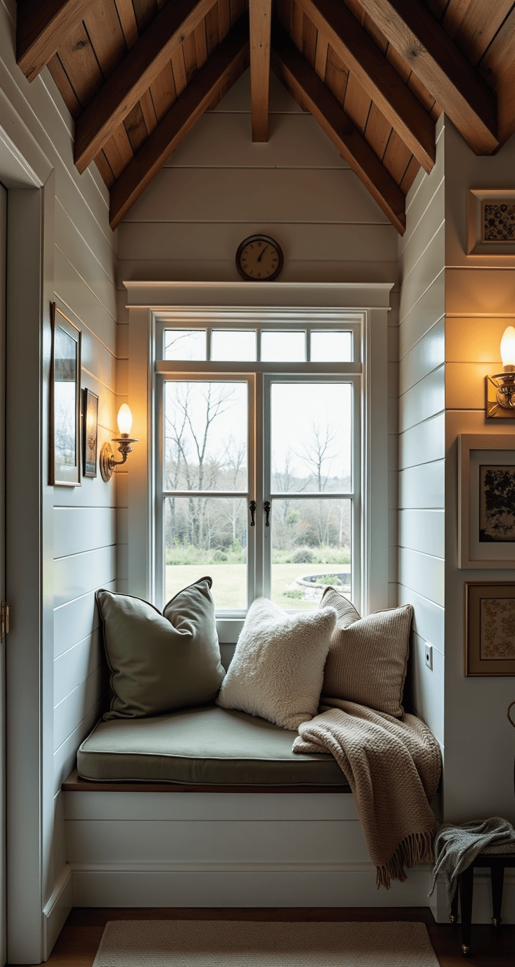 A cozy nook under sloped eaves features a built-in window seat with sage velvet cushions, surrounded by white shiplap walls and original wooden beams. Ambient brass sconces illuminate vintage art prints in gold frames, while layered textiles like ivory sheepskin, embroidered pillows, and an earth-toned blanket add warmth to the intimate space.