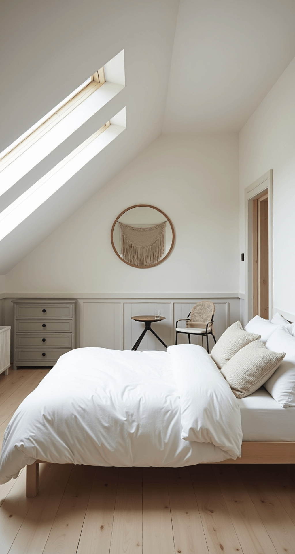A serene bedroom featuring three symmetrical dormers, cream walls, and bleached pine floors. A queen bed with a white duvet and textured pillows sits under the roof slope. Custom greige built-in drawers provide under-eave storage. An oversized circular mirror enhances light, while a macramé wall hanging adds texture. A small bistro table forms a cozy breakfast nook. The scene captures an airy atmosphere with natural lighting.
