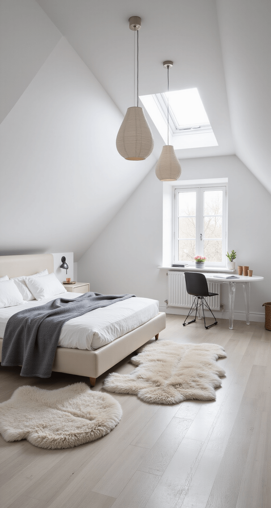 Minimalist Scandinavian attic bedroom with white walls and pale pine accents, featuring a platform bed with built-in nightstands under a skylight, a ghost chair at a lucite vanity, sheepskin rugs on bare floors, and paper pendant lanterns for soft lighting. Hidden LED strips illuminate the sloped ceiling.