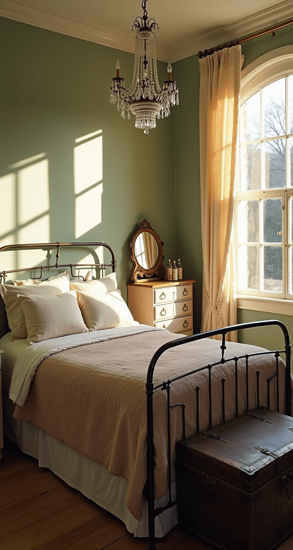 A vintage bedroom with an ornate iron bed frame, dressed in cream linens and a dusty rose coverlet, bathed in golden light from tall sash windows. The room features sage green walls, a crystal chandelier, an antique brass-handled dresser adorned with vintage perfume bottles and a gilt mirror, and French lace curtains filtering the sunlight, with a weathered trunk at the foot of the bed.