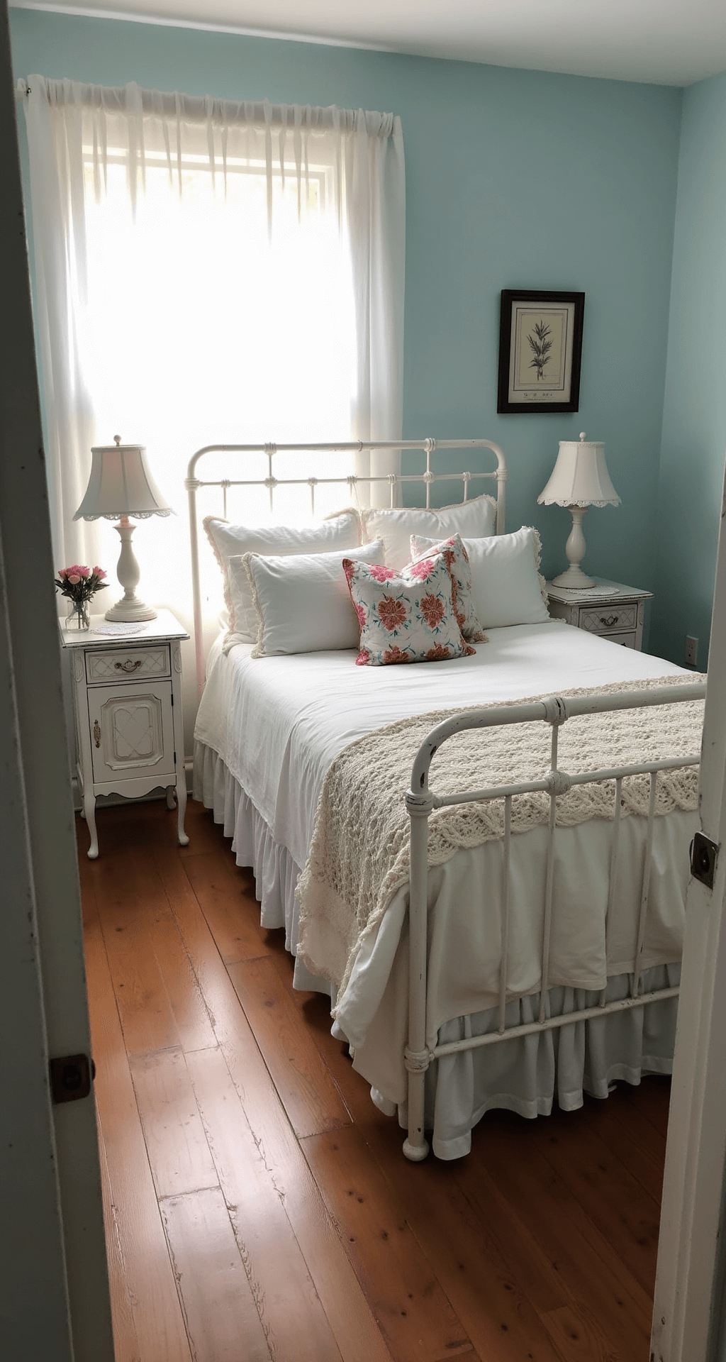 Intimate morning scene of a shabby chic bedroom with original hardwood floors, a distressed white iron bed frame adorned with layered linens and vintage floral pillows, pale blue walls, white-painted furniture, lace doilies on wooden side tables, milk glass lamps, and soft natural light filtering through sheer curtains.