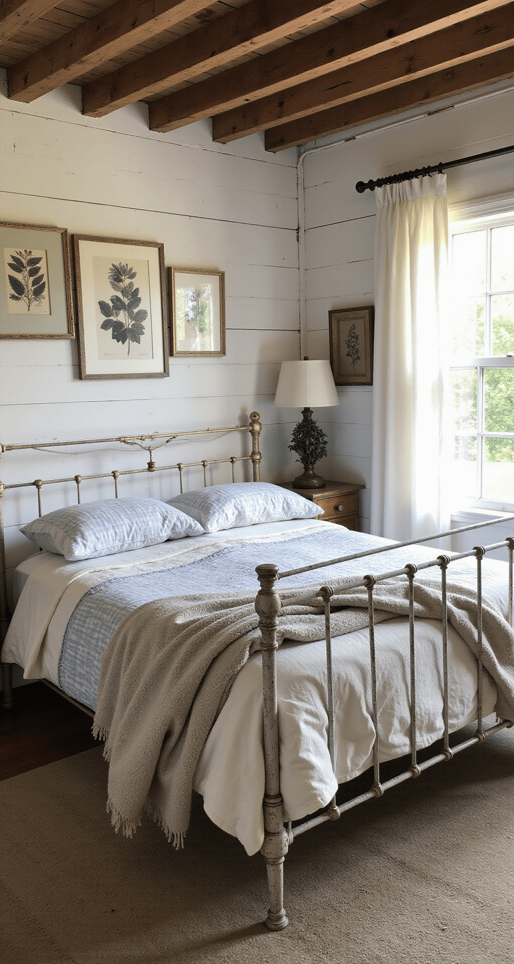 Cozy farmhouse bedroom with exposed wooden beams, whitewashed iron bed dressed in gingham and vintage quilts, morning light through barn-style windows, distressed shiplap walls adorned with vintage botanical prints, capturing rustic textures and comfort.