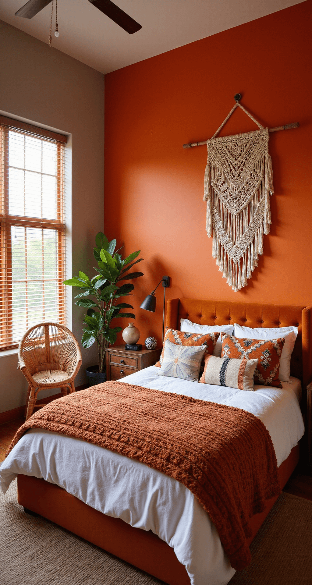 A 70s-inspired retro bedroom featuring a dramatic orange accent wall, a platform bed with a burnt orange velvet headboard, and earth-tone geometric patterns. A macramé wall hanging is above, a rattan peacock chair is in the reading nook, and sunset lighting casts shadows through wooden blinds, highlighting bold patterns and curved furniture.