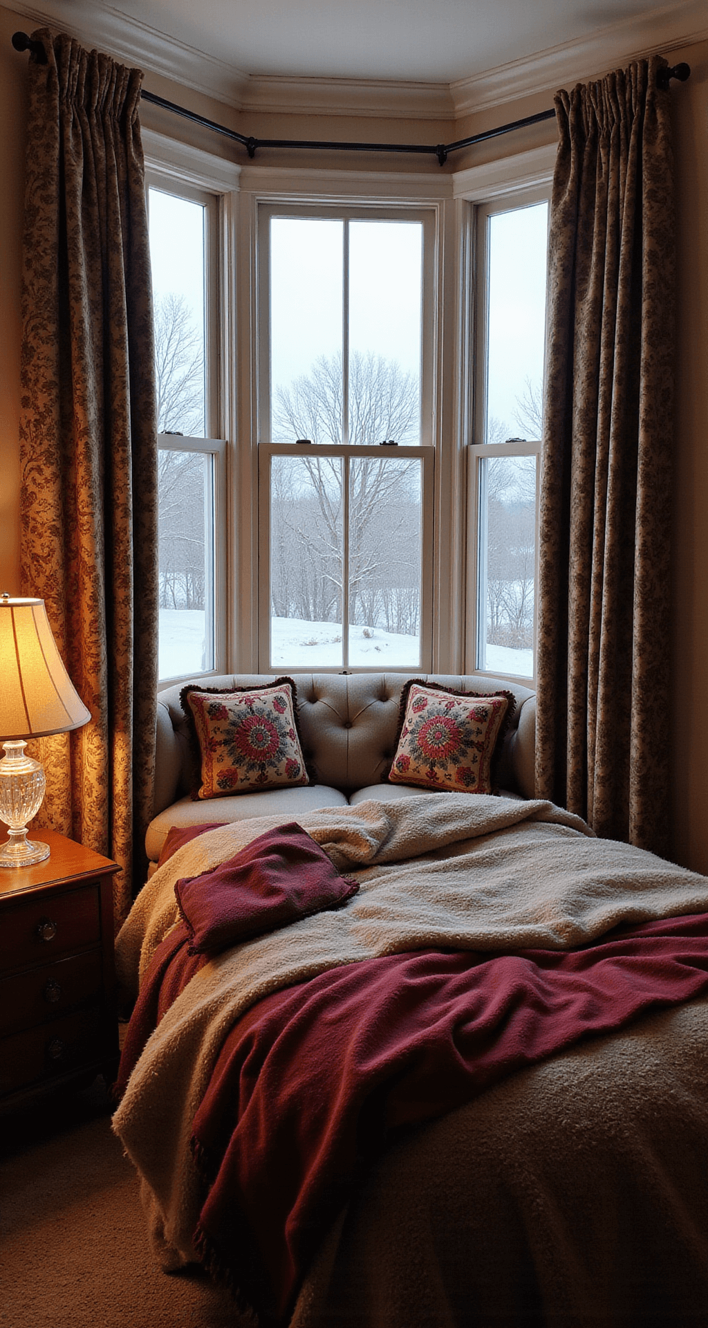 A cozy winter vintage bedroom featuring a brass bed with tufted headboard, layered wool blankets, and jewel-toned needlepoint pillows, framed by heavy damask curtains and a bay window nook overlooking a frost-kissed landscape. An antique oak dresser with a crystal lamp adds a warm glow to the scene.
