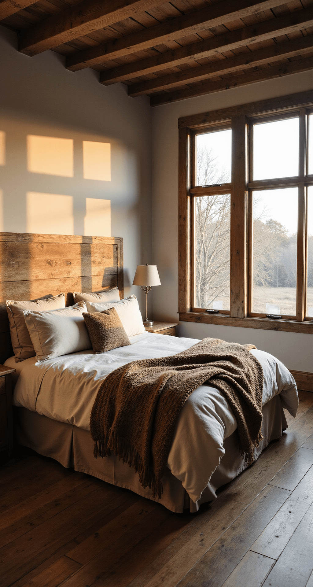 A cozy 14x16ft bedroom illuminated by golden hour sunlight, featuring a king-sized bed with a reclaimed barn wood headboard, layered with cream linen bedding and earthy knit throws, against a backdrop of weathered oak beam ceiling and large farmhouse windows.