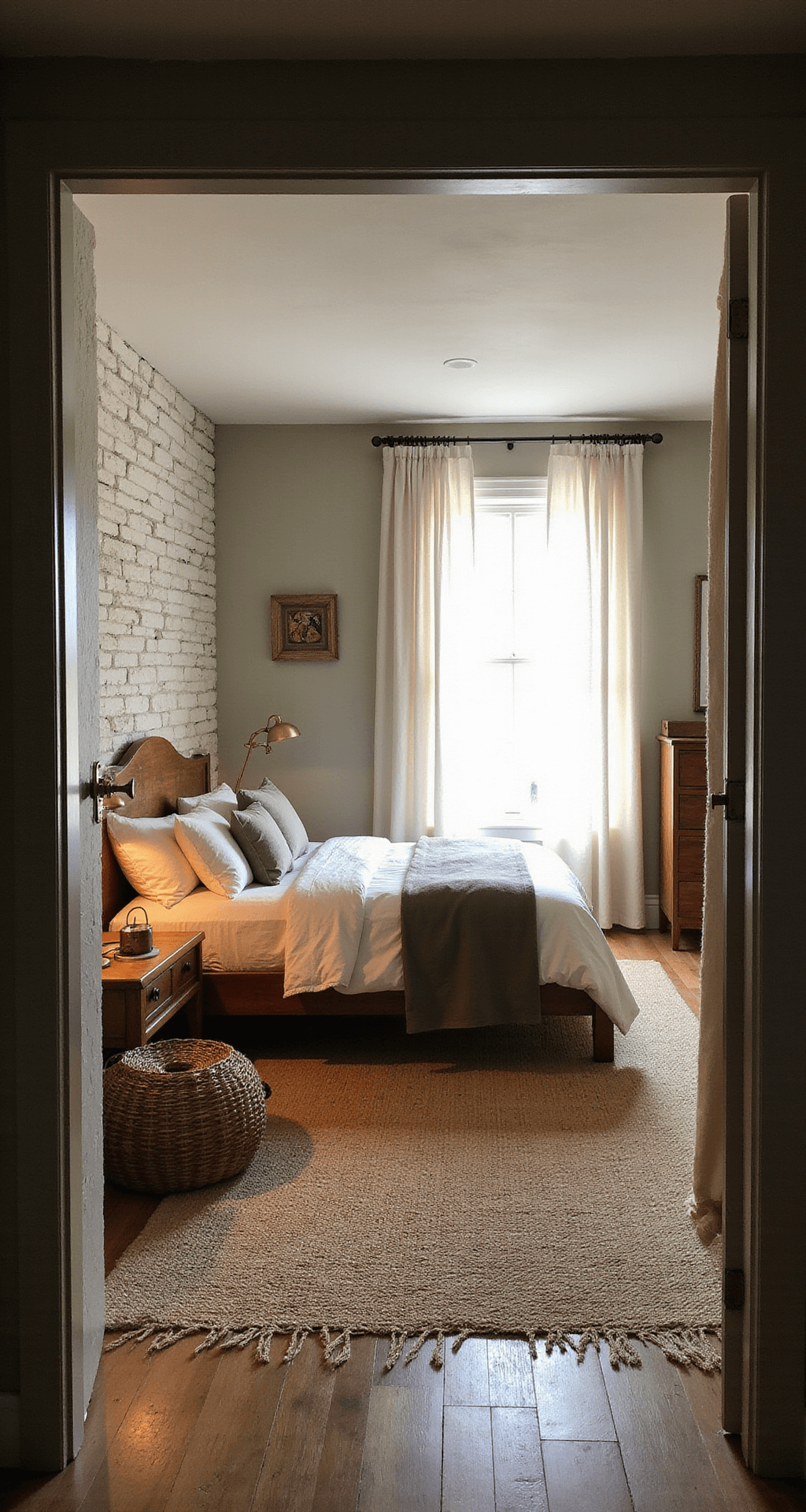 Intimate rustic bedroom at dawn featuring a handcrafted queen bed with a live-edge walnut headboard against a whitewashed stone wall, diffused morning light through sheer linen curtains, vintage copper lanterns, jute rug, woven baskets, and an antique dresser in a muted sage green and warm cream color palette.