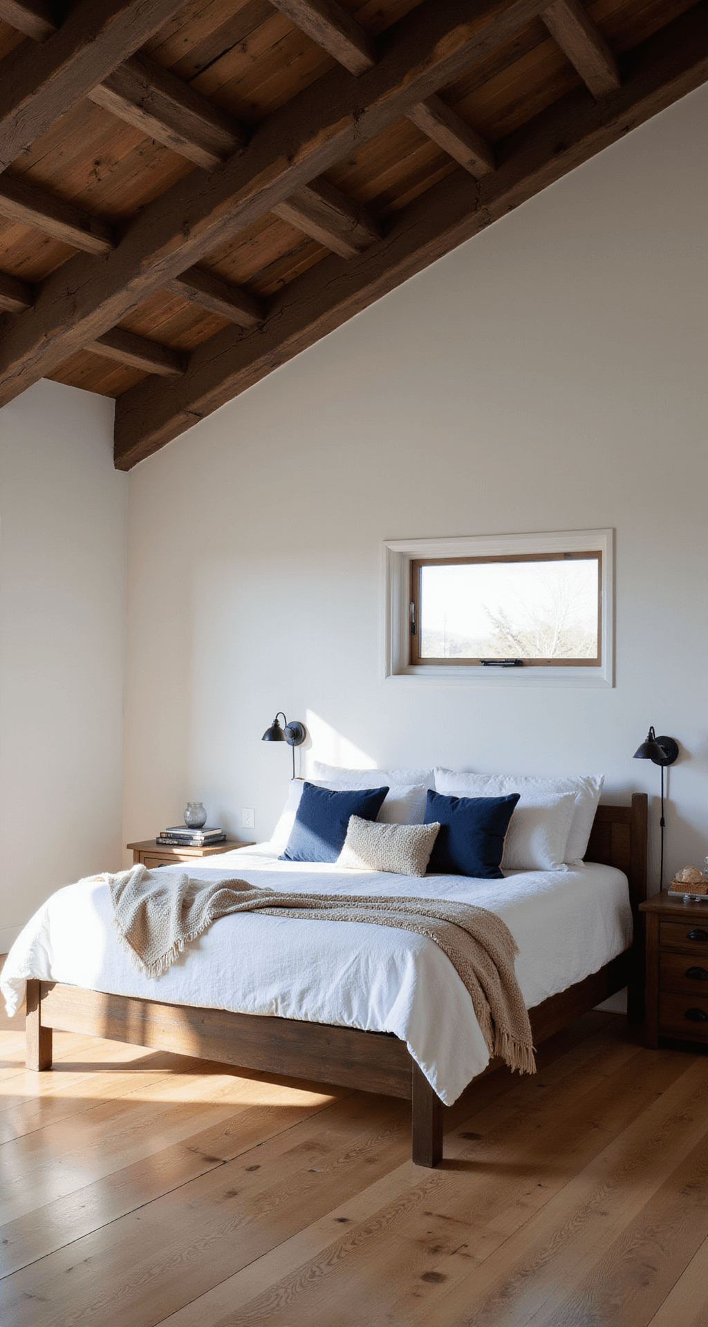 Sun-drenched master bedroom with vaulted ceiling and dark timber beams, featuring a California king bed with white bedding and indigo-dyed pillows, dramatic shadows on wide-plank pine flooring, and accent lighting highlighting architectural details.