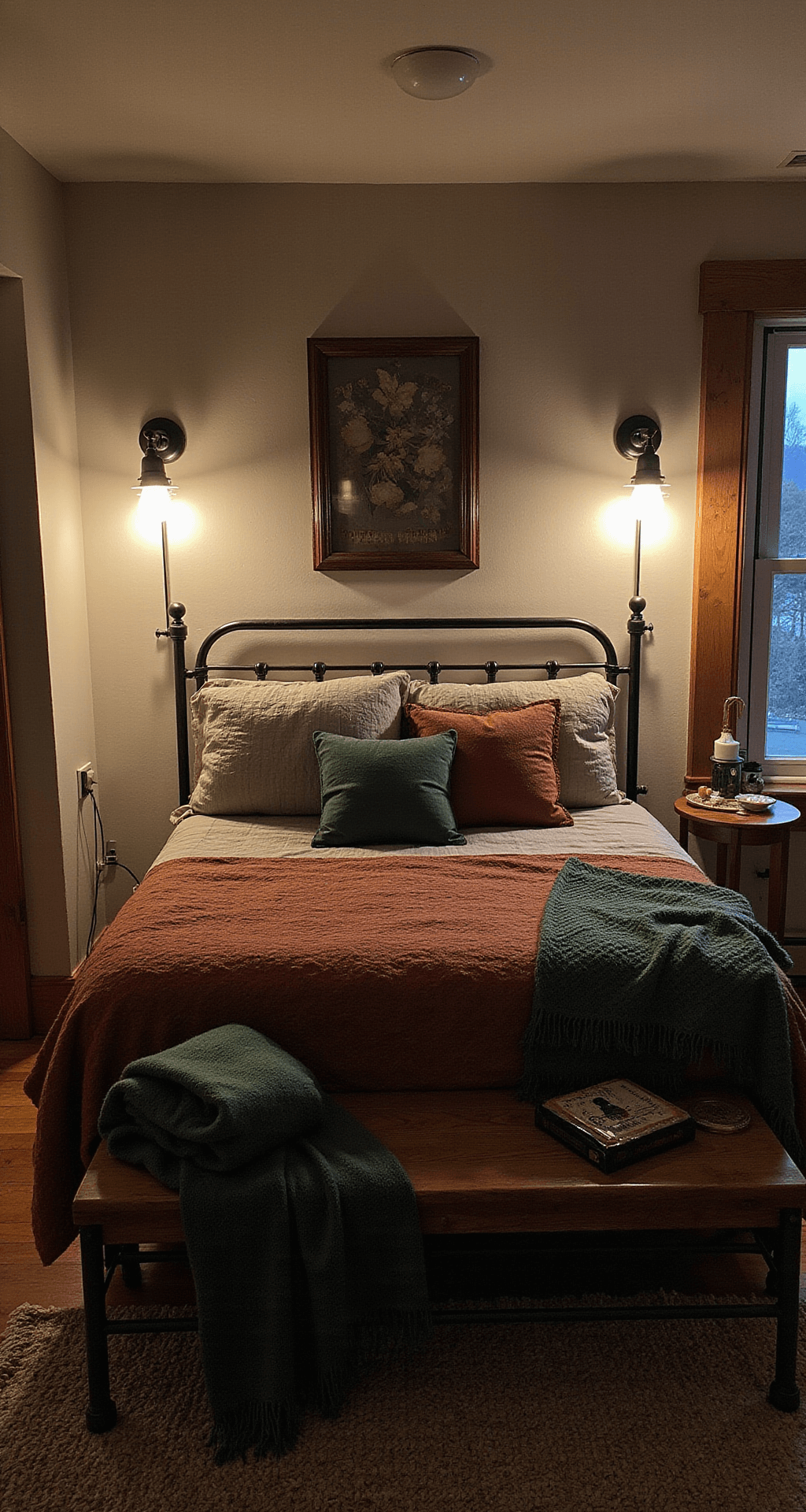 Cozy 10x12ft guest bedroom at dusk with ambient industrial sconces, featuring a distressed iron bed frame adorned with vintage quilts and wool throws in rust and forest green, highlighting varied textures and a moody atmosphere.