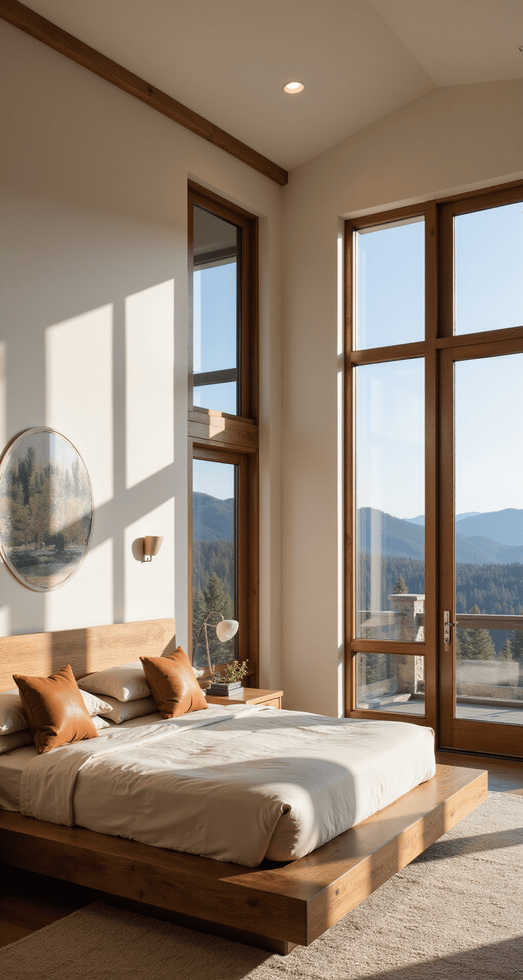 Contemporary rustic primary bedroom featuring a minimalist platform bed made of reclaimed Douglas fir, dressed in cream bedding and leather accent pillows, with floor-to-ceiling windows showcasing mountain views, illuminated by natural light and discreet LED uplighting.