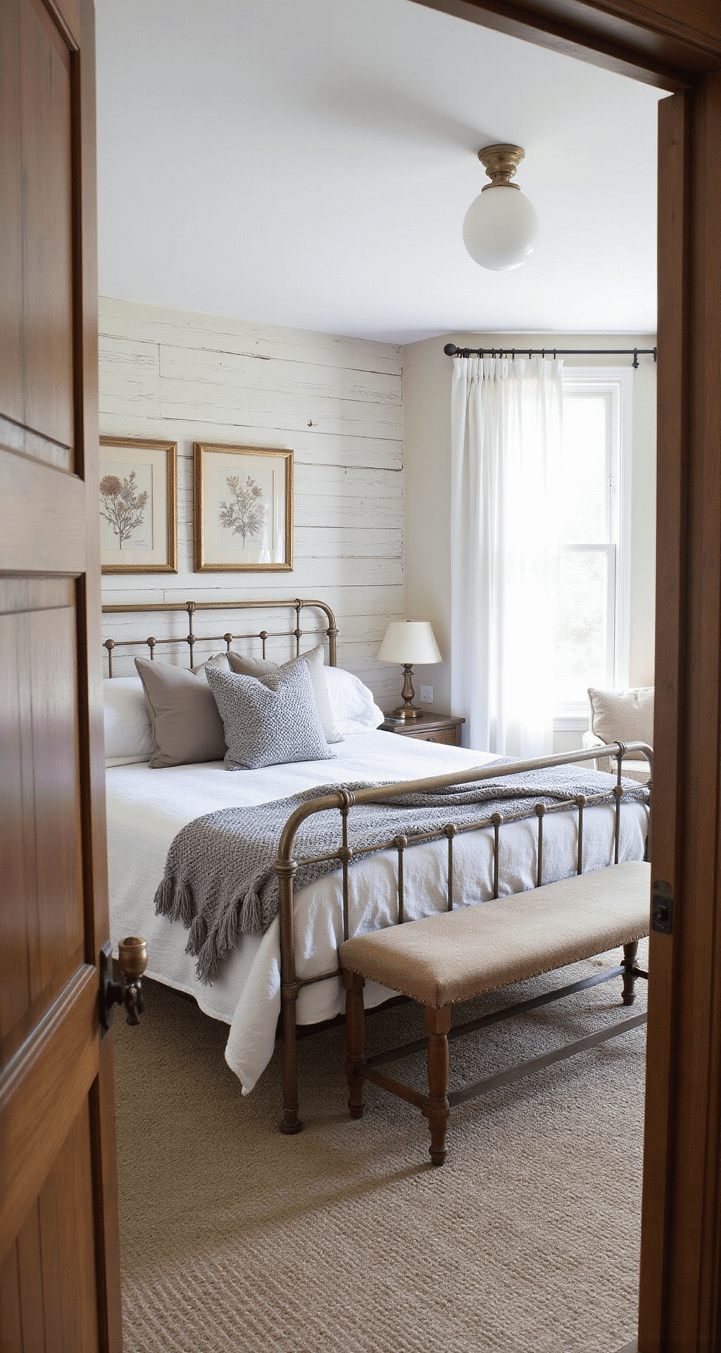 Charming cottage bedroom with an antique brass bed, stonewashed linen and soft heather grey throws, whitewashed walls, and dark wood furnishings, illuminated by soft natural light.