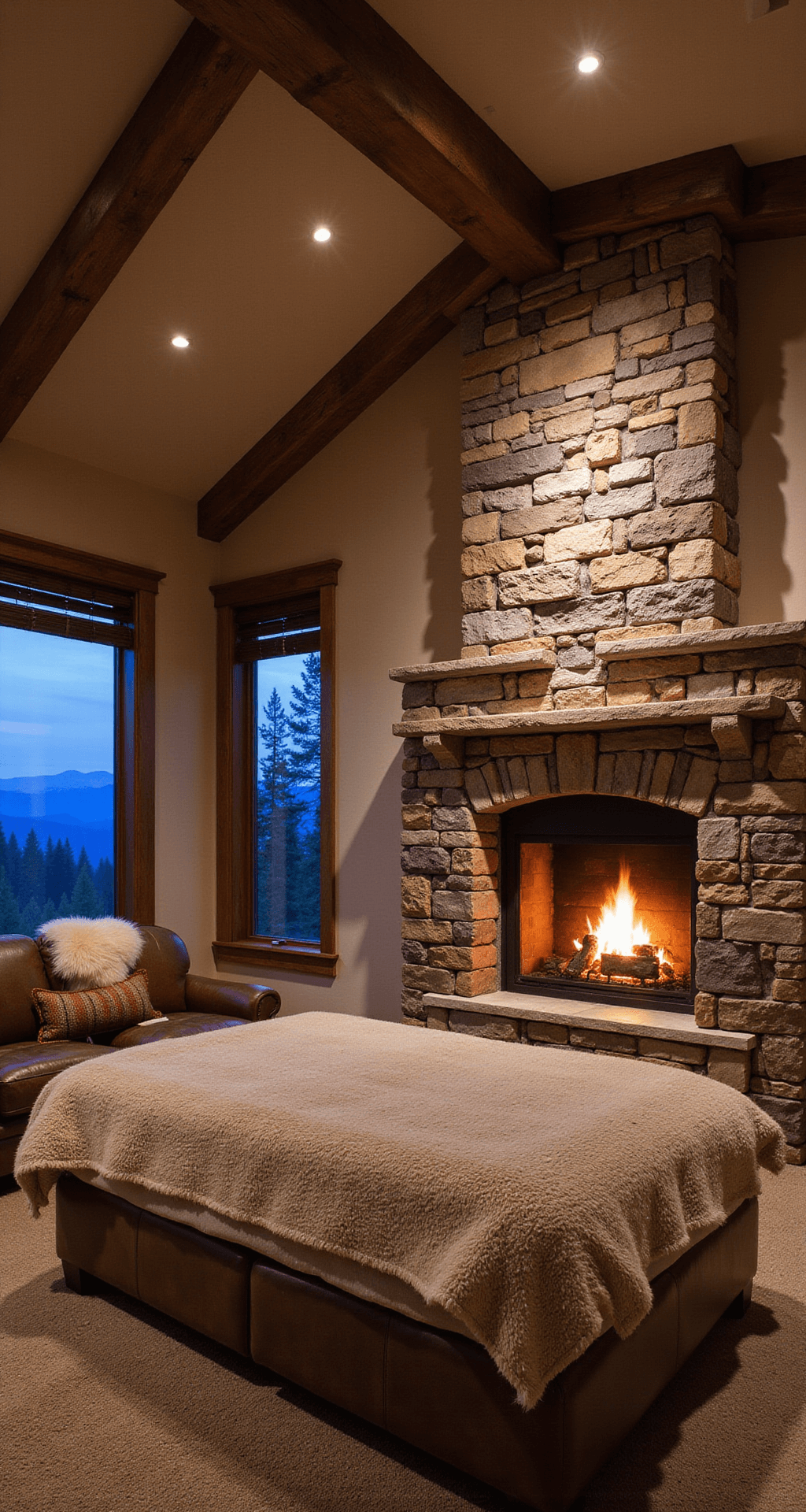 A spacious mountain lodge master bedroom at twilight featuring a dramatic king bed with a leather-wrapped headboard, accented by chunky cable-knit throws and faux fur in earth tones, a massive stone fireplace as the focal point, and warm firelight combined with cove lighting creating an intimate ambiance.