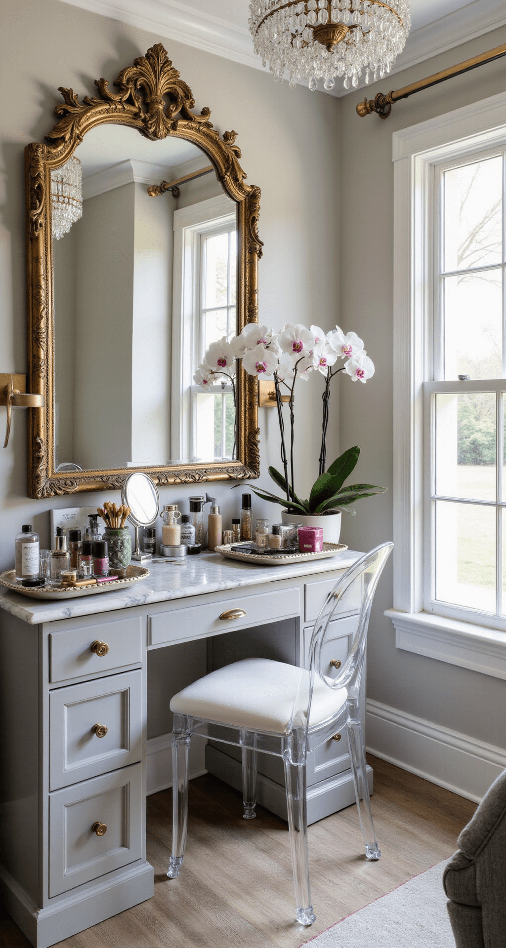 A sophisticated vanity area in early morning light featuring a gilt-framed mirror, pale gray makeup station with brass hardware, a ghost chair, organized beauty essentials on marble trays, fresh orchids, and a sparkling crystal chandelier.