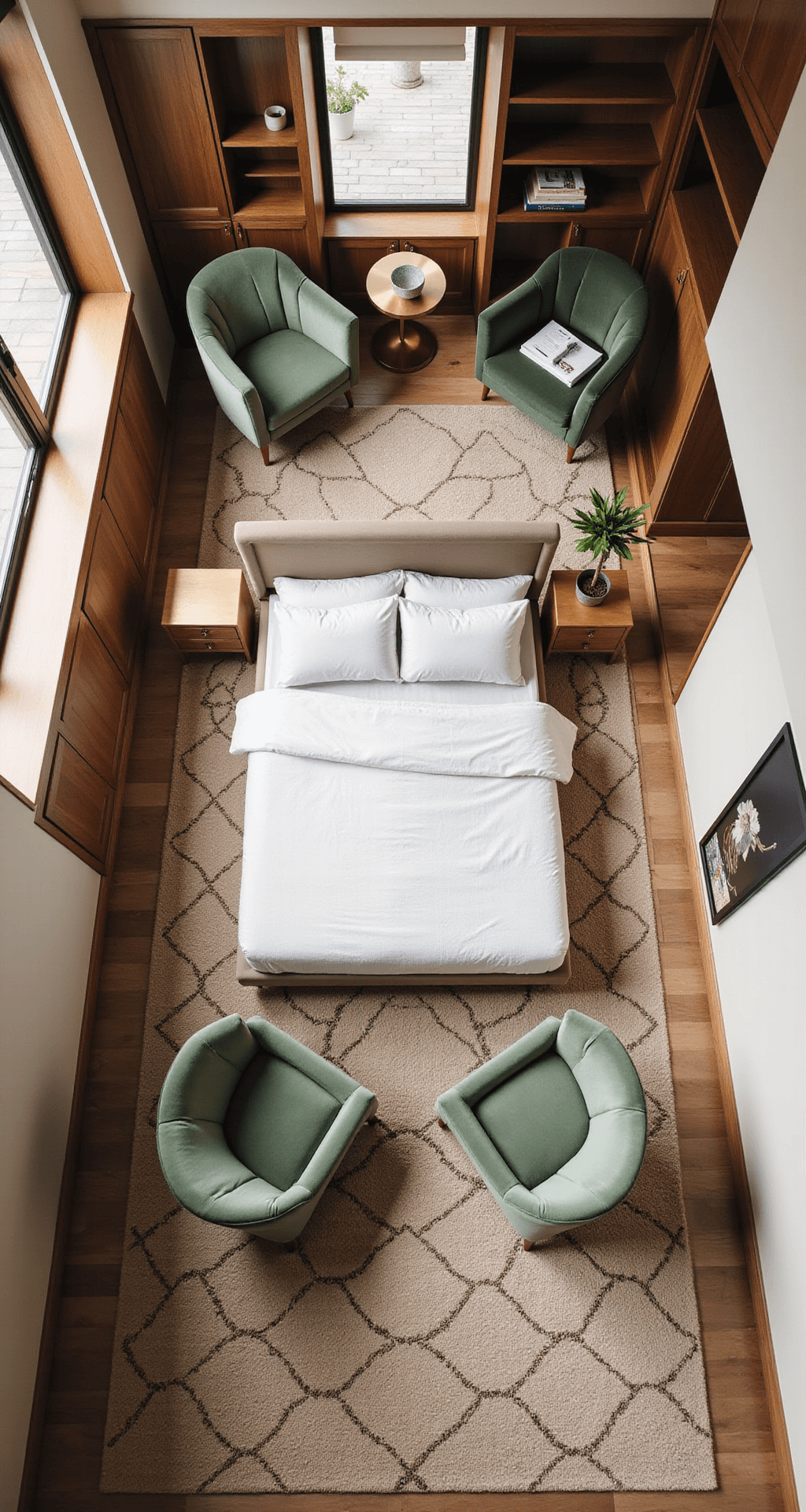 A bird's eye view of a cohesive bedroom layout featuring a central bed with symmetrical nightstands, a seating area with velvet barrel chairs and a brass coffee table, custom built-ins in warm walnut, a workspace in a window alcove, and a geometric rug in earth tones, all illuminated by soft afternoon light.