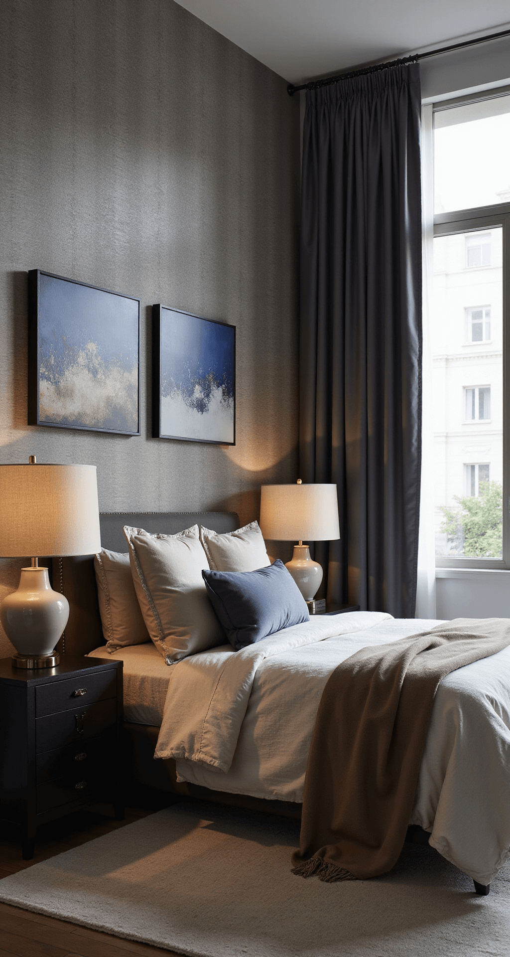 Dramatic dusk interior featuring a statement wall with floor-to-ceiling pearl gray textured wallpaper, a king bed adorned with cream and taupe linens and velvet pillows, oversized ceramic table lamps with linen shades, modern metallic art pieces, and charcoal silk blackout curtains.