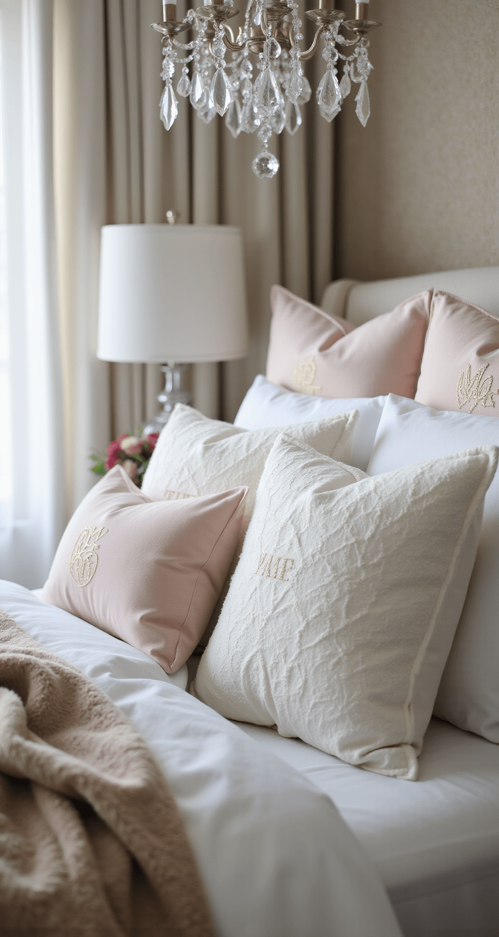 Close-up of a luxurious bedding arrangement featuring white, ivory, and pale blush linens, crushed velvet European shams, a faux fur throw, monogrammed pillowcases, and decorative cushions, all illuminated by morning light with rainbow reflections from a chandelier.