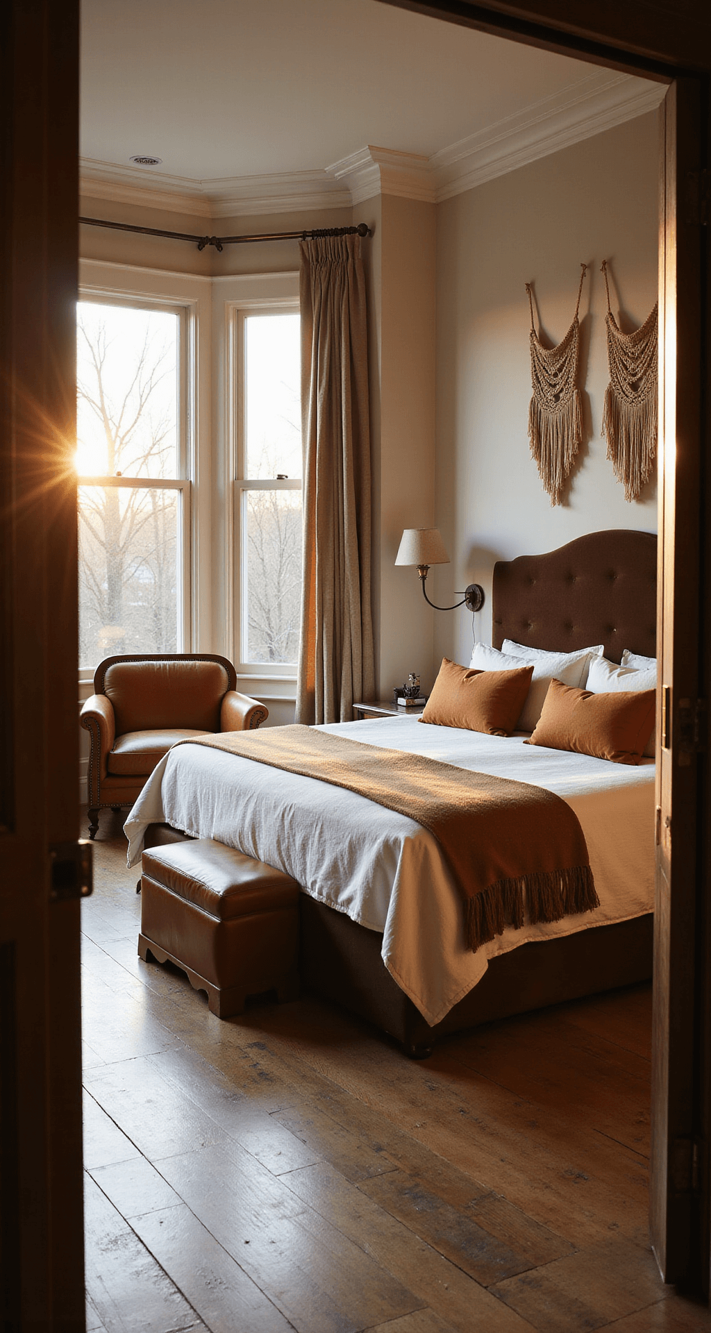 Spacious bedroom with golden hour sunlight, featuring a king-sized bed with cream linen bedding and chocolate brown velvet headboard, warm brass sconces, vintage leather armchair, and macramé wall hangings, photographed from the door frame at a 45-degree angle.