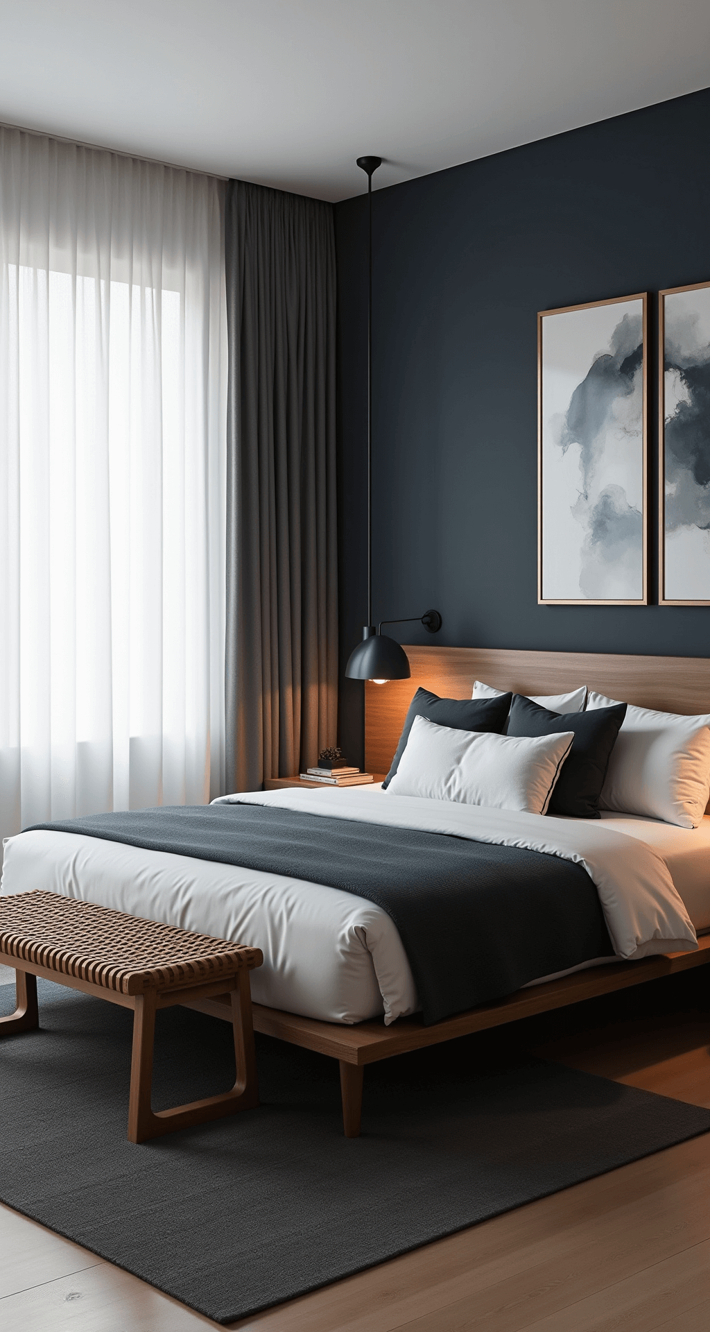 A modern bedroom featuring a navy accent wall, walnut platform bed, sheer white curtains, a charcoal wool area rug, brass-framed abstract art, a woven leather bench, and matte black pendant lights, captured from a corner angle in soft morning light.