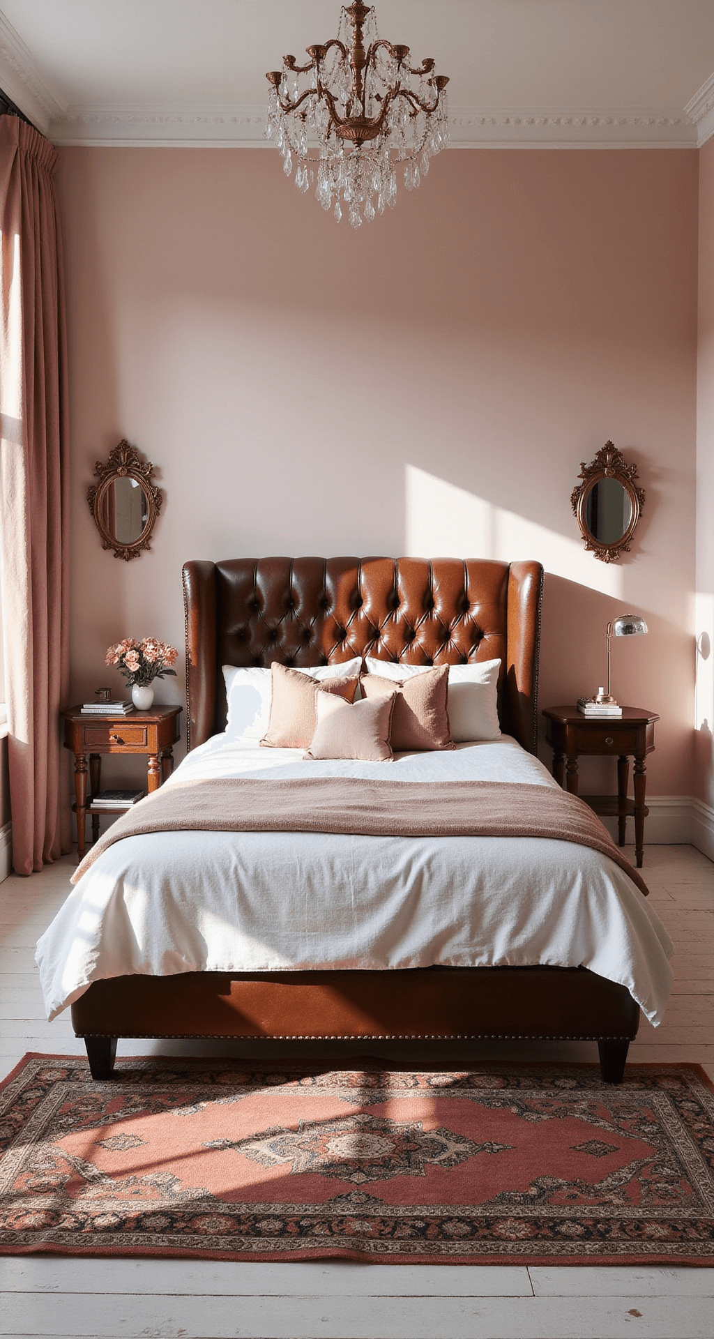 Intimate bedroom with blush pink and brown decor, featuring a tufted brown leather wingback headboard, pale pink walls, vintage Persian rug, crystal chandelier, and copper mirrors, all illuminated by soft late afternoon light.