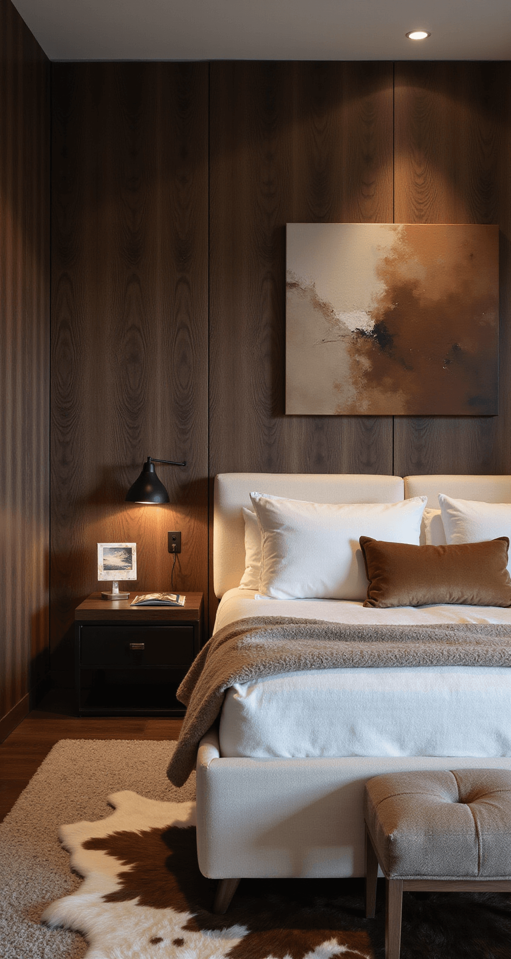 A contemporary primary bedroom featuring dark walnut wall paneling, a cream bouclé upholstered bed, and dramatic uplighting. Layered sheepskin and cowhide rugs enhance depth, with minimalist black metal sconces and an oversized abstract earth-toned canvas. The image is shot from an elevated position, showcasing the spatial layout and material interplay under moody evening lighting.