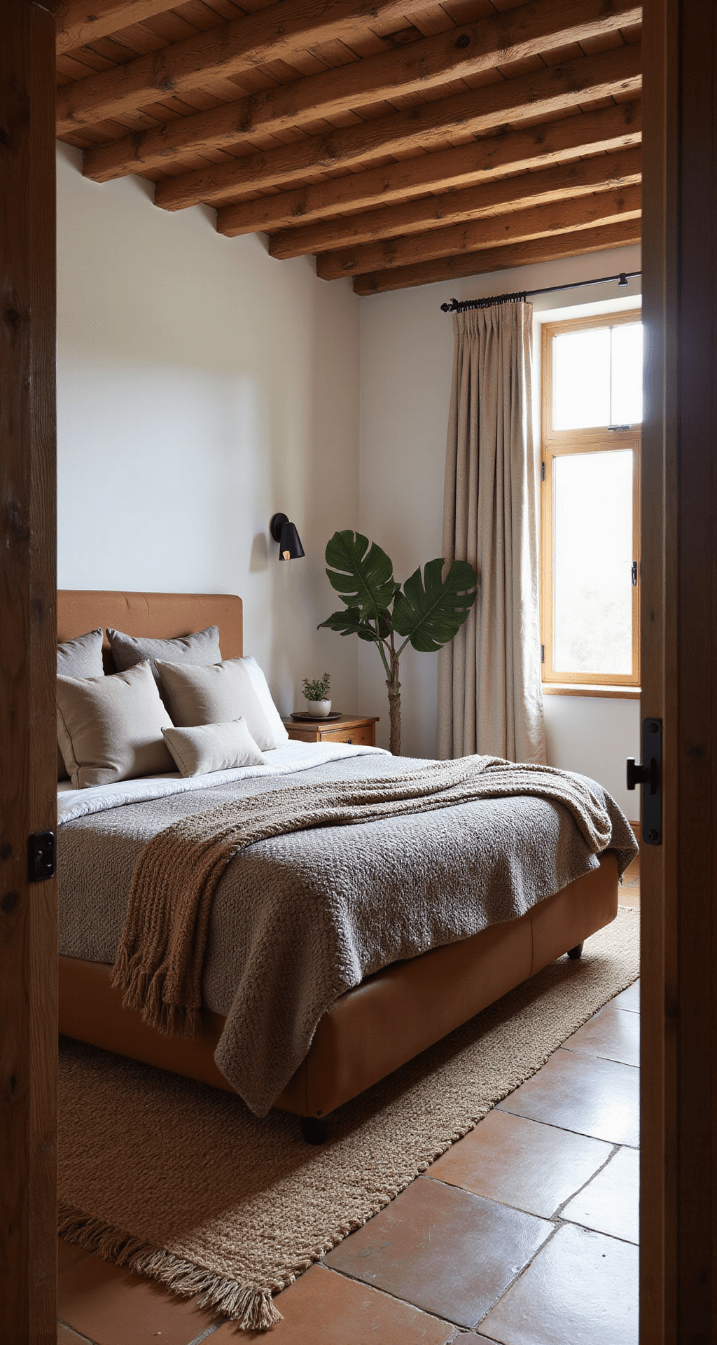 Rustic-modern 13x15ft bedroom with exposed wooden beams, illuminated by early morning light, featuring a leather platform bed adorned with chunky knit throws and linen pillows in mushroom and bark shades, a jute rug over terracotta tile floors, and a potted fiddle leaf fig, all captured from the doorway with a wide-angle lens.