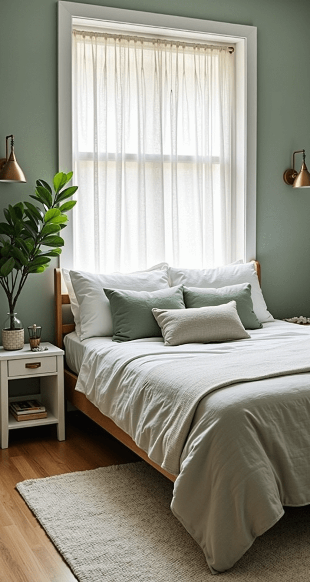 A serene sage green bedroom with a queen bed dressed in white linens, layered sage and ivory pillows, minimalist nightstands, a textured ivory rug, and a fiddle leaf fig in the corner, all illuminated by soft morning light filtering through sheer white curtains.