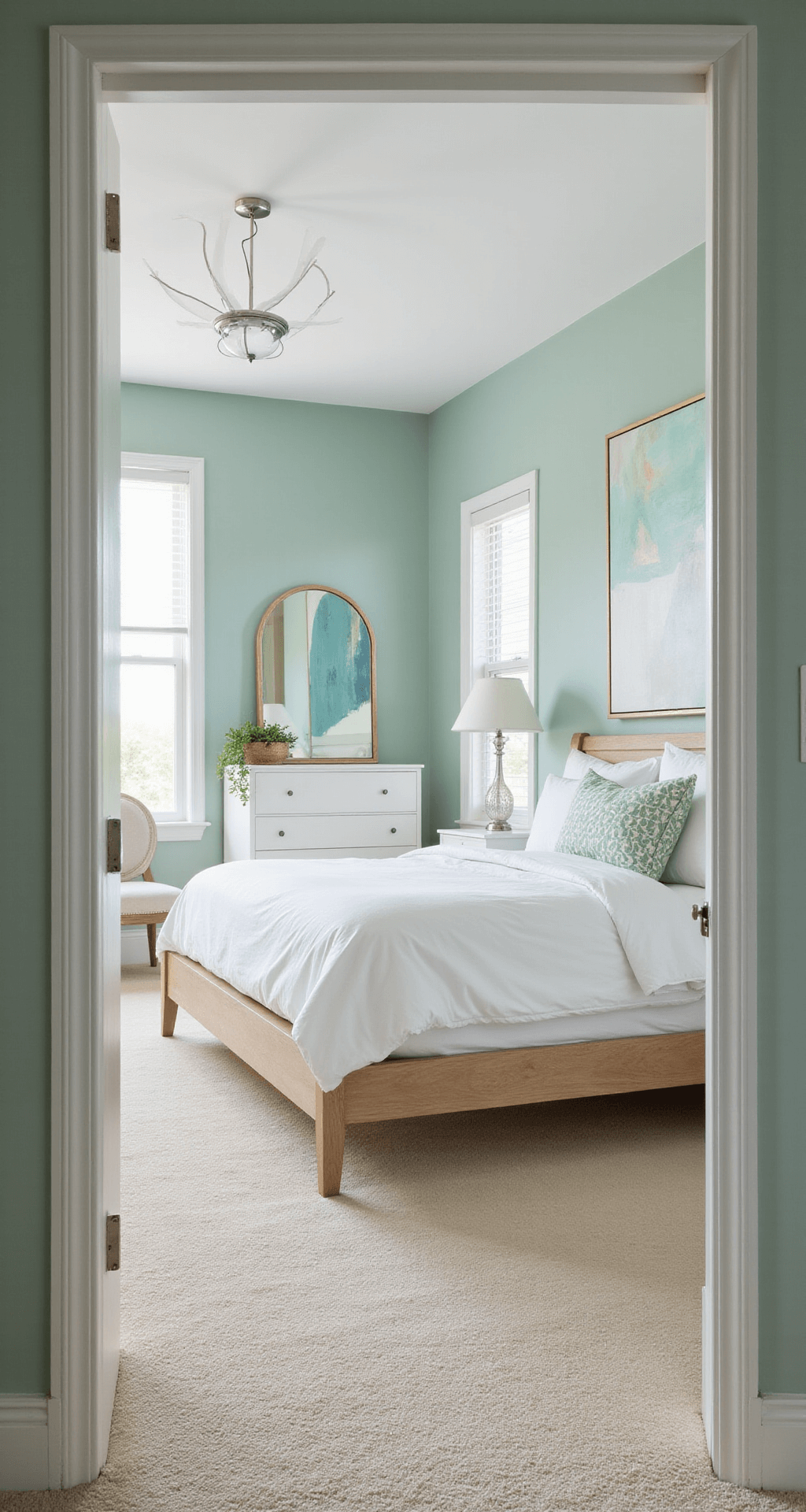 Bright mint green bedroom with contemporary oak platform bed, geometric white bedding, oversized abstract art, sleek white dresser with arched mirror, polished nickel pendant light, and plush cream carpet, captured from the doorway.