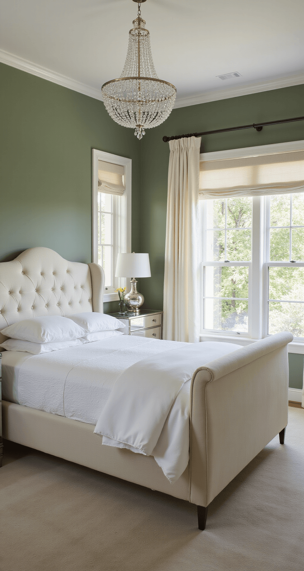 Elegant bedroom featuring a tufted wingback headboard against a sage accent wall, with cream silk drapery, mirrored nightstands, and a crystal chandelier, all illuminated by afternoon light.
