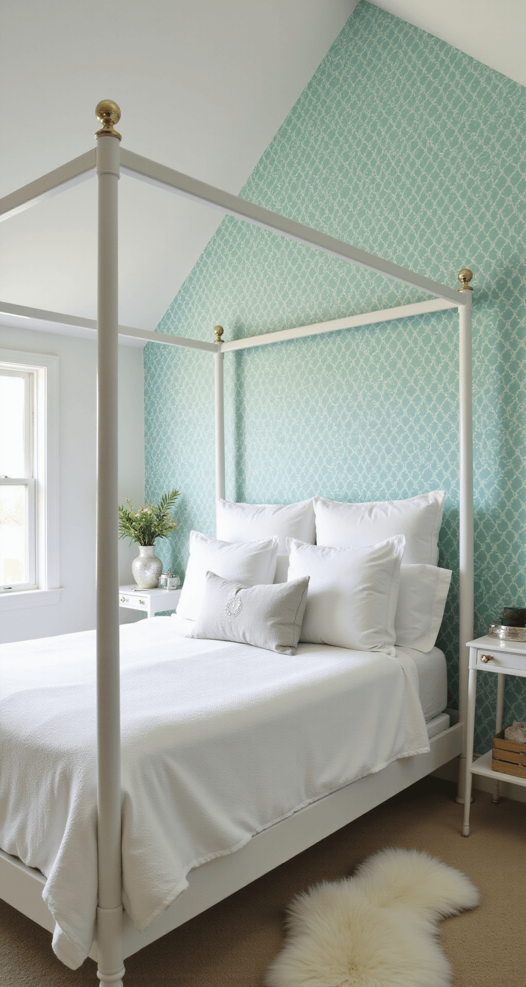 A fresh mint and white bedroom featuring a modern four-poster metal bed, crisp bedding, geometric wallpaper, lucite side tables, and sheepskin throws, illuminated by sunrise with a vaulted ceiling.